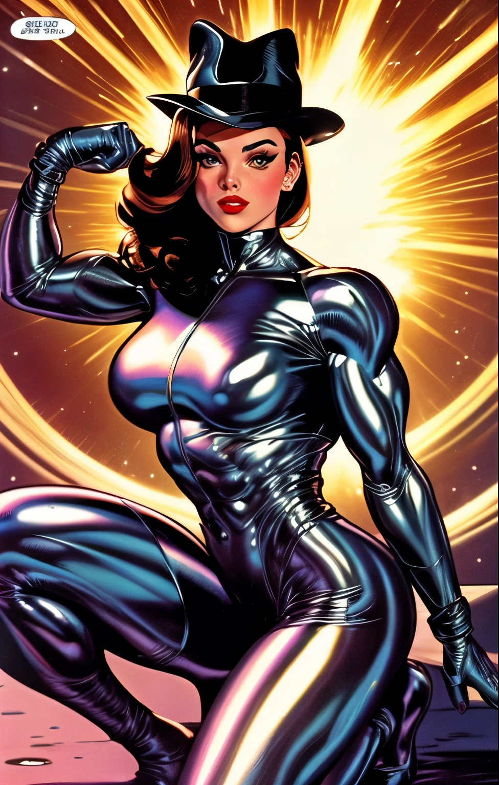 femme fatale, 60s,with shiny elegant outfit,elegant outfit,((liquid metal skin)),((nickel eyes,)),liquid metal hair,like a statue made of nickel,((style bill mantlo ART)),rosto feminino fatal,Venom 90&#39;s comic book style muscles,garota musculosa,((her skin color should be shiny liquid metal style)),,wearing a black 60s women&#39;s hat,