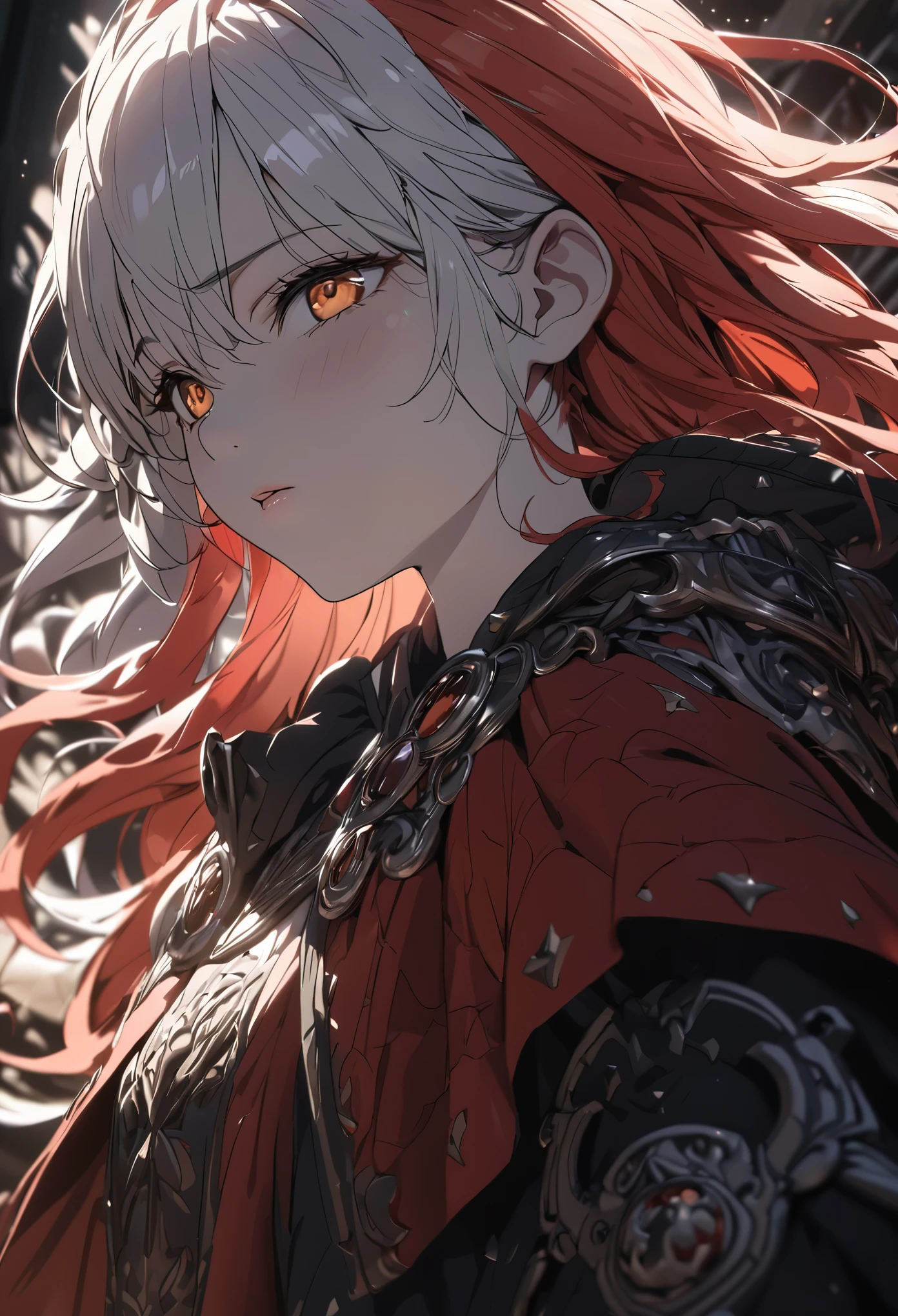 (absurdres, highres, ultra detailed), masterpiece, perfect resolution, great detail, super detailed, detailed face, pale skin, pink dry lips, orange eyes, (black sclera), light eyes, tired looking, tired eyes, white hair, mixed red hair, messy hair, unkept hair, long hair, dense hair, mane hair, Berserk eclipse scenery, ((cloak made of shadows)), depth of field, (12 years old), cinematic lighting, ray tracing, depth of field, cinematic lighting, ray tracing, UHD, high details, best quality, highres, high quality, award winning, super detail, masterpiece, 8k, UHD, high details, best quality, highres, high quality, award winning, super detail, masterpiece, 8k, digital art, anime coloring
