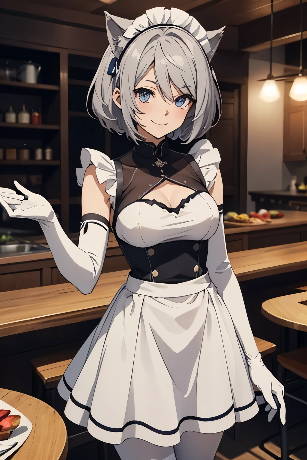 table top　 best image quality　wonderful　high detail　One Young Woman（（adult））anime style　White maid outfit（sleeveless）　white long gloves（elbow gloves）　white pantyhose　wolf ears　short hair（（shortcut）（gray hair）（curly hair）（fluffy））　smile（Happy）　eye color is blue