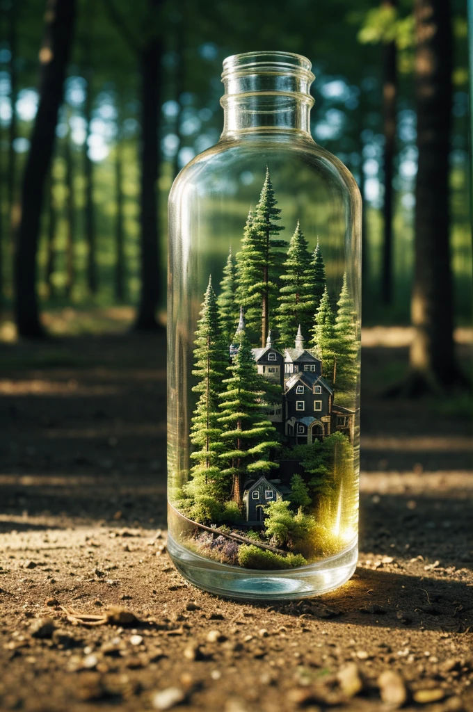(Intricate forest mini-town landscape trapped in a bottle), Atmospheric Oliva Lighting, on the table, 4KUHD, dark atmosphere, Super detailed, Bright colors forest background, epic work, octane rendering, sharp focus, High resolution isometric,Rainy environment,Ground area water