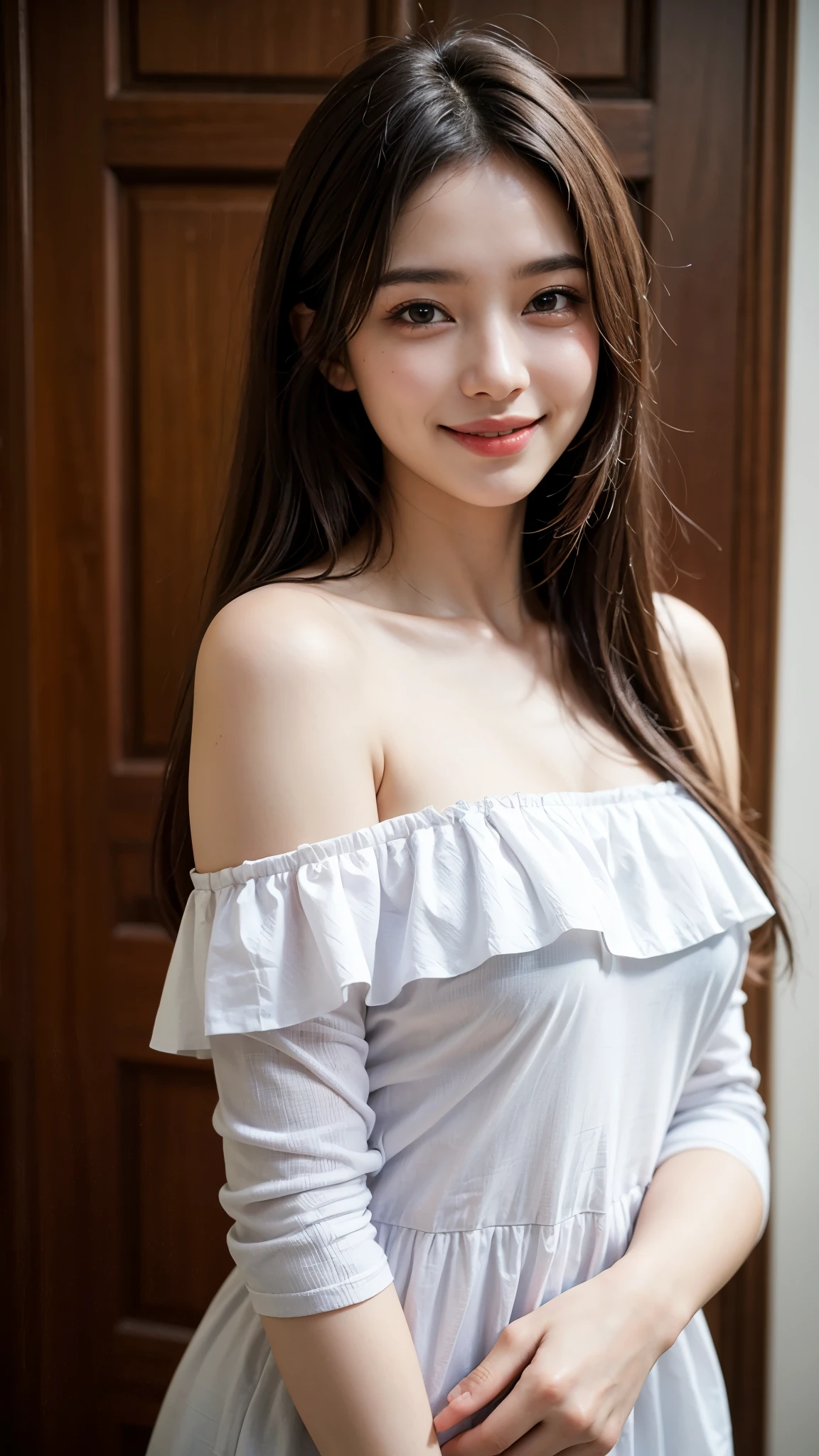 highest quality, masterpiece, ultra high resolution, realistic, 1 girl, off shoulder, smile