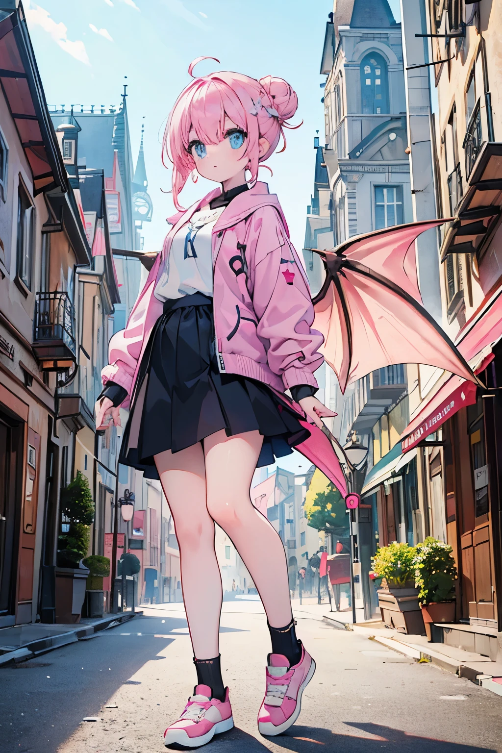 (masterpiece:1.2), (highest quality:1.2), perfect eyes, perfect face, perfect lighting, middle ages, middle ages, In town, pink hair, single hair bun, white skin, blue eyes, pink jacket,　white t-shirt, black skirt,　Pink shoes,　dragon wings 