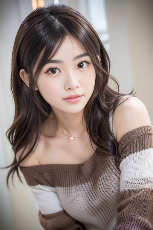 beautiful japanese woman、1 person,Very pretty and slim、outstanding style 、((8K image、super high quality))、Very delicate face, skin and hair、long hair、straggling hair,(((((((gradient hair、brown hair))))))),Very cute Japanese face、Eyes and nose are clearly visible、kind eyes,(((off shoulder sweater、simple background、looking at the viewer)))、full body shot