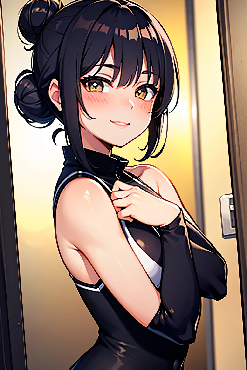 Hero girl with raven hair tied in a bun and honey-colored eyes, smiling confidently and cheekily with a slight blush from training