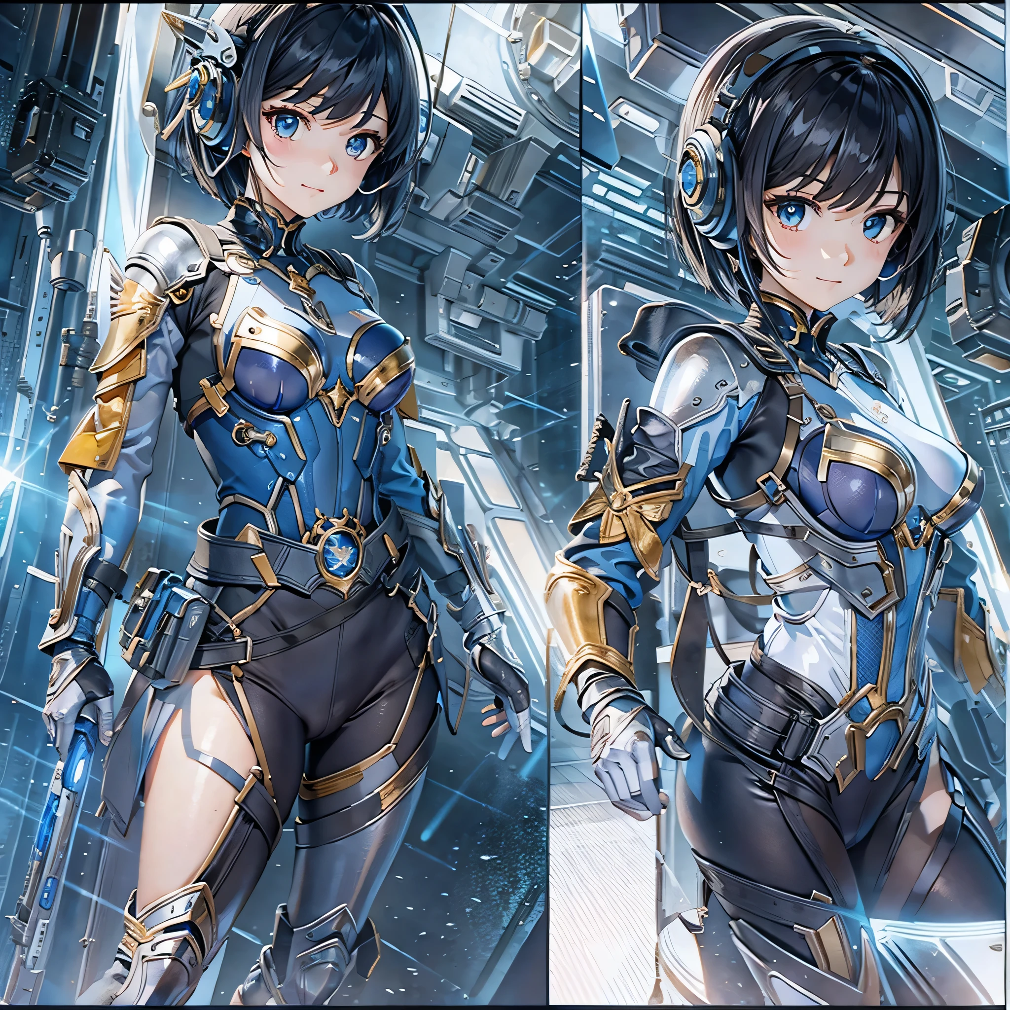 (masterpiece、highest quality、highest resolution、clear_image、detailed details、Angle from above): (full body figure、One 20 year old girl、Japanese faces、small face、Slender、Navy blue super short bob cut hair、(hidden small breasts:1.3)、sparkling blue eyes、Shiny pilot suit in blue and black colors、armor that protects the chest、tight fitting clothes、clothes that cover the whole body、shiny clothes、tight fit pants、hide the skin、very delicate and beautiful、detailed skin、hide thighs、Hide your ass、cute type、gentle smile、soft expression、heroine、headset、Knee-high boots、gloves up to the elbow、eye level shot、facing directly、woman on a spaceship)