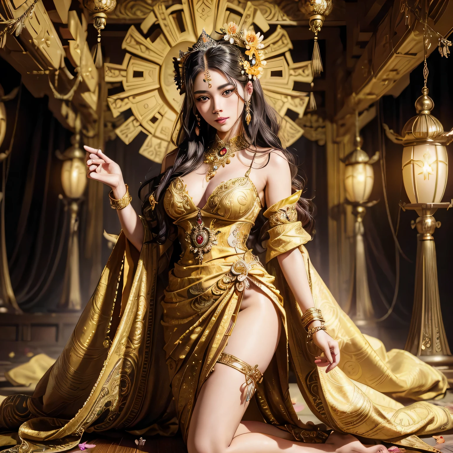 araffe woman with small breast in a yellow and black dress with a flower in her hair, traditional beauty, wearing an ornate outfit, wearing balinese ornate clothing, ornate , intricate outfit, beautiful oriental woman, beautiful balinese costume, traditional makeup, ornate attire, bali, 8k)), gorgeous woman, a beautiful fantasy empress, with beautiful exotic, ((a beautiful fantasy empress)), ornate dress, araffe woman in a yellow and black dress with a flower in her hair, traditional beauty, wearing an balinese ornate outfit, wearing balinese ornate clothing, ornate , intricate outfit, beautiful oriental woman, beautiful costume, traditional makeup, ornate attire, bali, 8k)), gorgeous woman, a beautiful fantasy empress, with beautiful exotic, ((a beautiful fantasy empress)), ornate dress masterpiece, best quality:1.2),,(8k,highres,RAW photo,realistic,photo-realistic:1.3),(detailed skin texture,detailed cloth texture,beautiful detailed face:1.25),professional lighting,photon mapping,beautiful soft light,radiosity,physically-based rendering,raytracing, model shoot style, model shoot style, (extremely detailed CG unity 8k wallpaper), (((fullbody))), photo of the most beautiful artwork in the world, balinese temple on background,