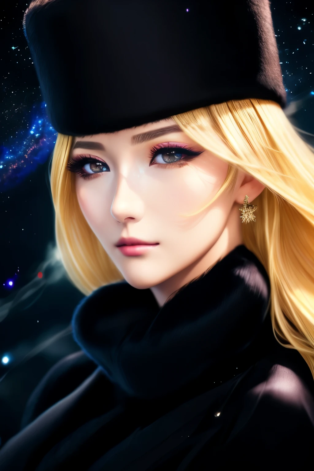 masterpiece, blonde straight, hair, care, fur trim, black hat, fur has, dress, yellow fleeting sad eyes, steam (station: 1.1), station platform, night, galaxy, 999, best quality, super fine, 16k, RAW photo, photorealistic, incredibly absurdres, extremely detailed, beautiful woman, fleeting sad expression, (angular face: 1.2), Shiny face, (Tight waist: 1.1), lip makeup, long eyelashes, galaxy, fantastic and mysterious, SF fantasy