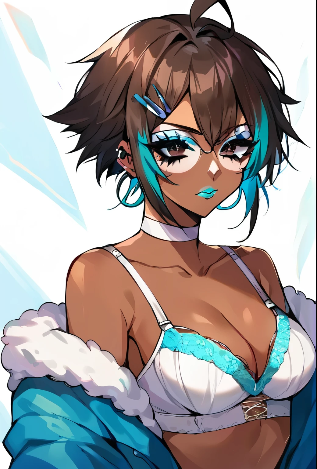 Score_9, score_8_up, score_7_up, score_6_up, ganguro, source_anime, 1girl, solo, white background, abstract rectangular background, upper body, looking at viewer, BREAK, cyan highlights, hoop earrings, BREAK, cyan lips, dark skin, makeup, eyeshadow, cyan dress, cyan ribbed sweater, fur trim, bare shoulders, off shoulder, white choker, hairclip, (cleavage, laced white bra), midriffchan, tomboy, midriff, thighhighs, (dark skin), choker, (blue jacket), sunglasses on forehead, ahoge, piercings, toned, (short brown hair)