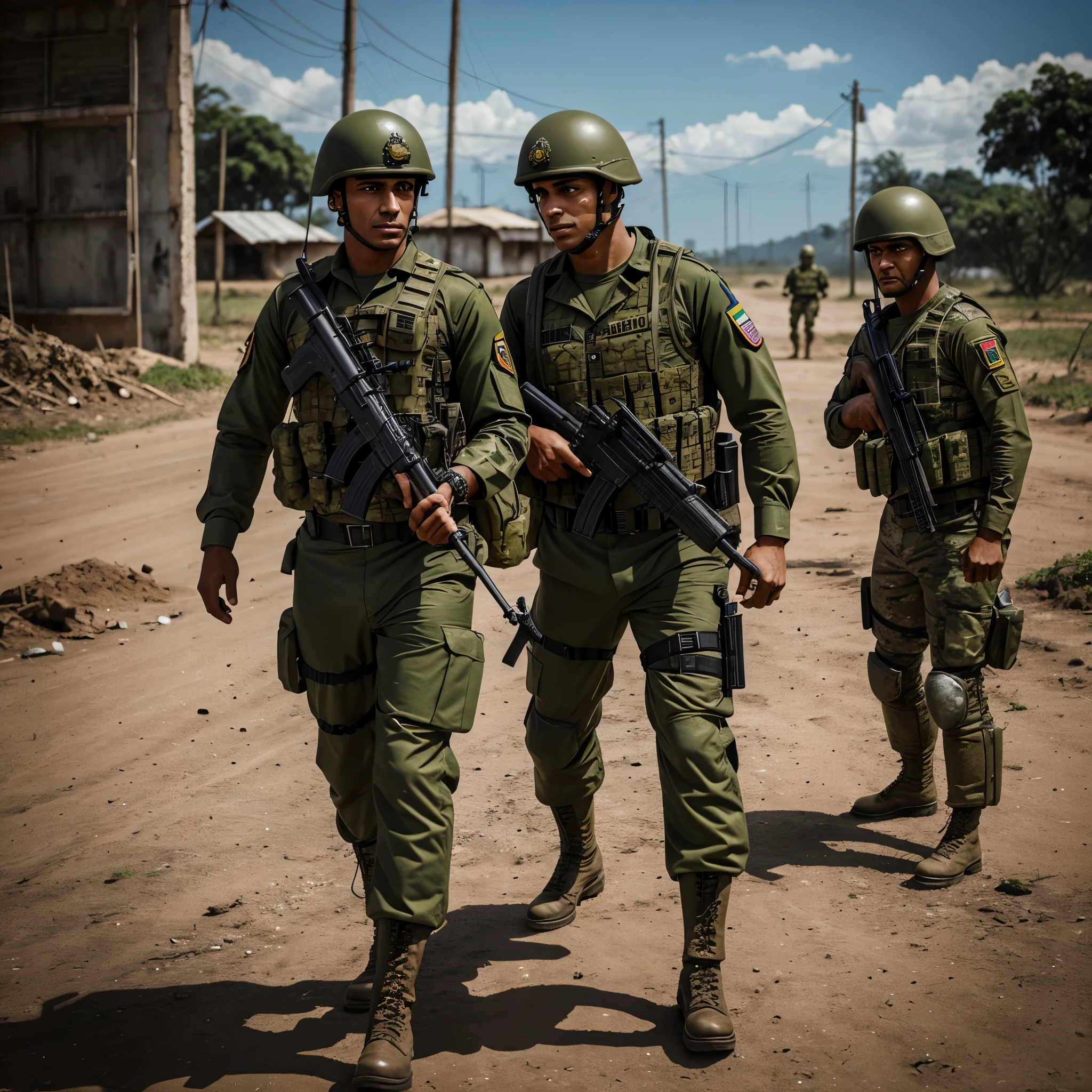 Make realistic image of a Brazilian army military soldier fully dressed in Brazilian military attire, the soldier is in a post-apocalyptic war and God is after him, he is fighting with undead military soldiers