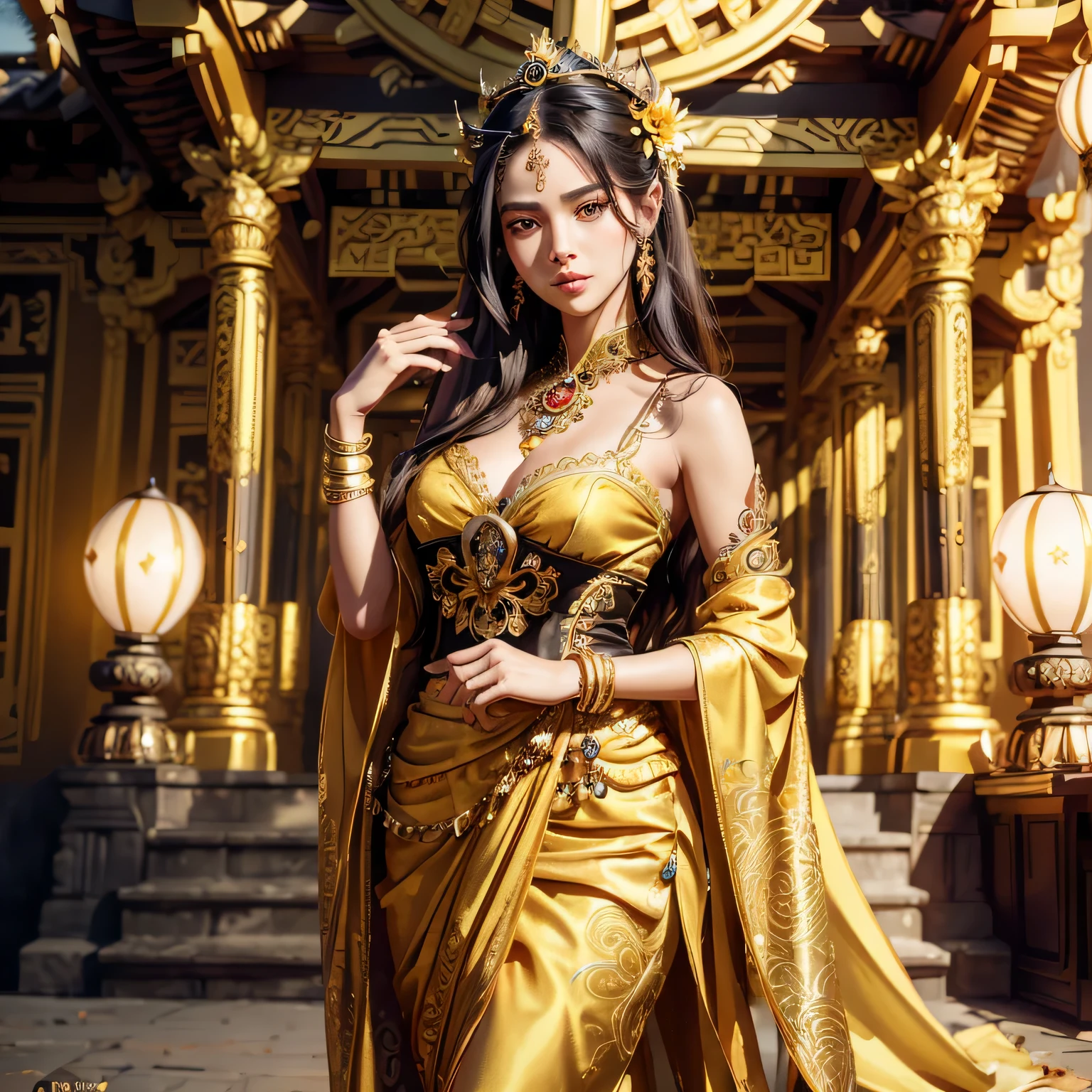 araffe woman with small breast in a yellow and black dress with a flower in her hair, traditional beauty, wearing an ornate outfit, wearing balinese ornate clothing, ornate , intricate outfit, beautiful oriental woman, beautiful balinese costume, traditional makeup, ornate attire, bali, 8k)), gorgeous woman, a beautiful fantasy empress, with beautiful exotic, ((a beautiful fantasy empress)), ornate dress, araffe woman in a yellow and black dress with a flower in her hair, traditional beauty, wearing an balinese ornate outfit, wearing balinese ornate clothing, ornate , intricate outfit, beautiful oriental woman, beautiful costume, traditional makeup, ornate attire, bali, 8k)), gorgeous woman, a beautiful fantasy empress, with beautiful exotic, ((a beautiful fantasy empress)), ornate dress masterpiece, best quality:1.2),,(8k,highres,RAW photo,realistic,photo-realistic:1.3),(detailed skin texture,detailed cloth texture,beautiful detailed face:1.25),professional lighting,photon mapping,beautiful soft light,radiosity,physically-based rendering,raytracing, model shoot style, model shoot style, (extremely detailed CG unity 8k wallpaper), (((fullbody))), photo of the most beautiful artwork in the world, balinese temple on background,