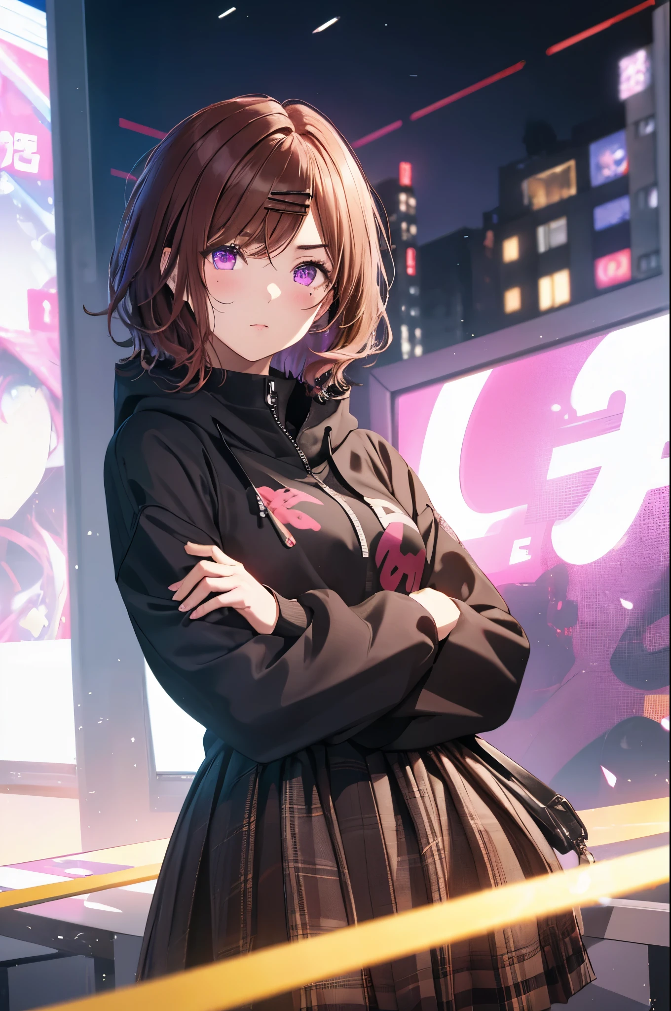 ((best quality)), ((master piece)), (detailed:1.4), (cowboy shot:1.3), crossed arms, 3D, Cyberpunk beautiful female statue,HDR(high dynamic range),ray tracing,NVIDIA RTX,super resolution,unreal 5,Scattered beneath the surface、PBR texture、Post-processing、anisotropic filtering、Maximum depth of field resolution and crisp layered textures、Albedo and specular maps、surface coloring、Accurate simulation of light-matter interactions、perfect proportions、Rendering with Octane、two color light、Large Diameter、Low ISO、White balance、Rule of thirds、8K raw data、daughter,(an indifferent look),(Glowing purple eyes:1.331),(cyberpunk style),with panoramic view,city,night scene,neon light,(bike),(get on),wide angle lens、 (1girl:1.3),(Perfect hands:1.3),(Perfect Anatomy:1.3), (master piece:1.3),(best quality:1.3), detailed,8k ②th:high resolution,beautiful detailed eyes, cute eyes, sparkling pupils, Intricate Iris Details, Captivating Eye Reflections, Sparkling Highlights in the Eyes, Depth and Dimension in the Pupils, Subtle Color Variations in the Iris, Meticulous Eyelash Details, detailed eyes, ③Lighting:Best Illumination, Part ④⑤: ultra-detailed face,detailed skin, ⑥Body shape:(slender body type:1.3), Seven heads, small head, ⑦Skin: ⑧Expression:(blush:1.1), Looking at Viewer, waiting for a kiss, ⑨Style: ⑩Subject:Oh Madoka, (mole under eye:0.8)、aamadoka,(mole under eye:0.8),short hair,bangs,hairclip,black sweater,hood,long sleeves,collared shirt,plaid skirt,grey skirt,(black pantyhose:1.4), thighband pantyhose,loafers,brown footwear, short hair、bangs、Hair clip ⑪Hair: shiny hair, floating hair, short hair, brown hair, mole under eye, mole, hair ornament, hairclip, BREAK ⑫Environment: ⑬Composition: ⑭Costume : piercing, (wrinkles between eyebrows:1.3)、