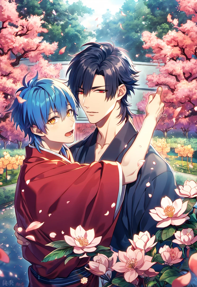 absurdres, highres, ultra detailed, HDR, masterpiece, Koujaku, dark navy hair that is short and a little chopped at the top, expressive red eyes, Dramatical Murder, Seragaki Aoba, blue hair, expressive golden eyes, 2men together, gay couple, handsome, red kimono, designed with decorations such as blue leaves, birds and blossoms, petals, garden