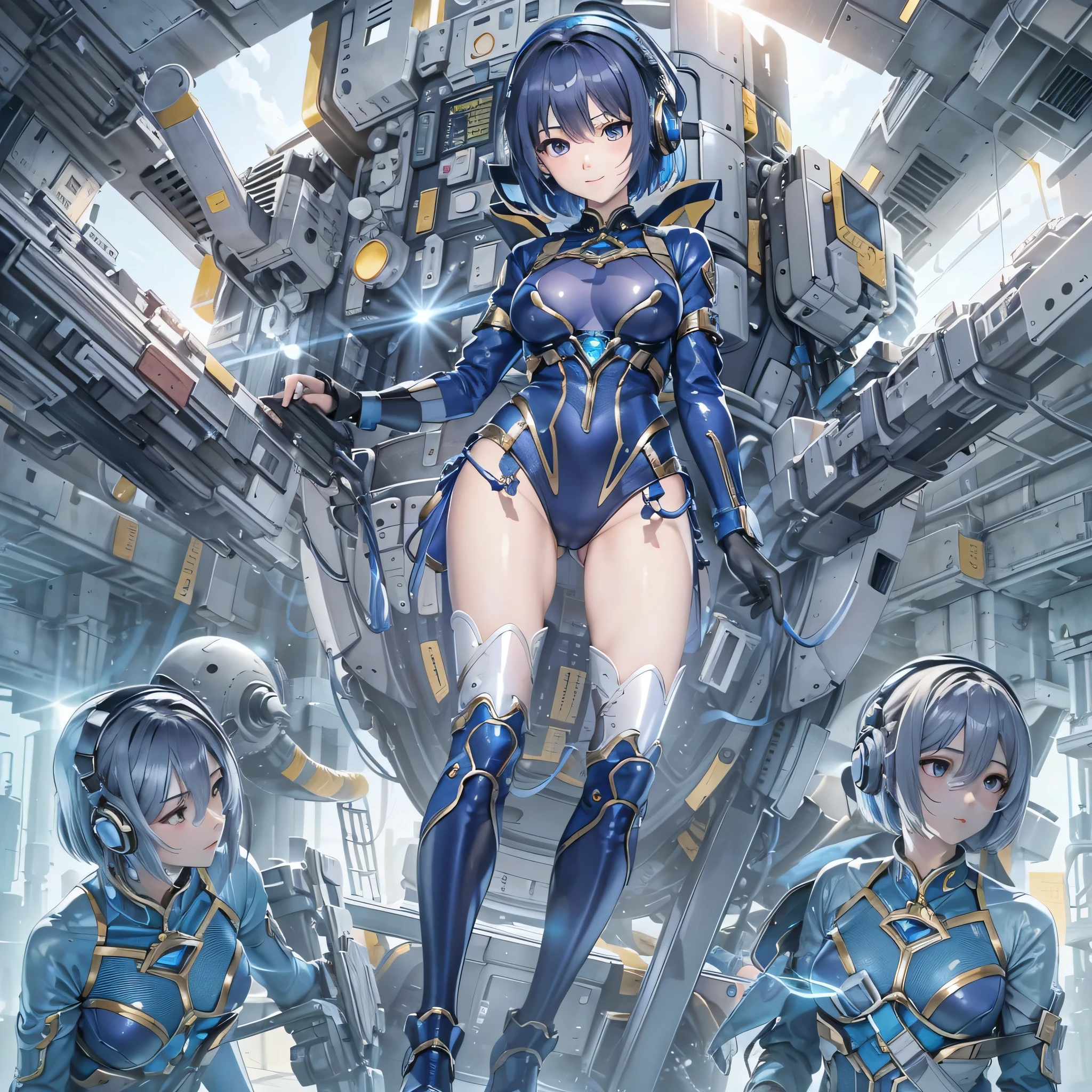 (masterpiece、highest quality、highest resolution、clear_image、detailed details、Angle from above): (full body figure、One 20 year old girl、Japanese faces、small face、Slender、Navy blue super short bob cut hair、(hidden small breasts:1.3)、sparkling blue eyes、Shiny pilot suit in blue and black colors、armor that protects the chest、tight fitting clothes、clothes that cover the whole body、shiny clothes、tight fit pants、hide the skin、very delicate and beautiful、detailed skin、hide thighs、Hide your ass、cute type、gentle smile、soft expression、heroine、headset、Knee-high boots、gloves up to the elbow、eye level shot、facing directly、woman on a spaceship)