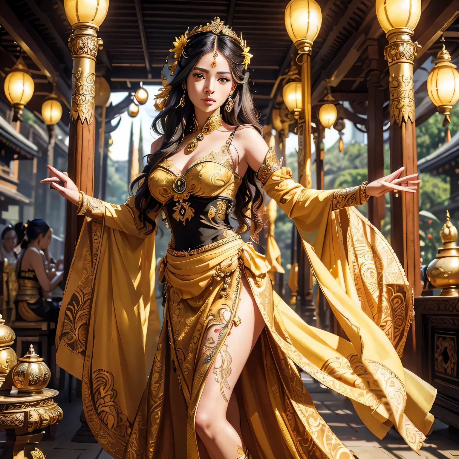 araffe woman with small breast in a yellow and black dress with a flower in her hair, traditional beauty, wearing an ornate outfit, wearing balinese ornate clothing, ornate , intricate outfit, beautiful oriental woman, beautiful balinese costume, traditional makeup, ornate attire, bali, 8k)), gorgeous woman, a beautiful fantasy empress, with beautiful exotic, ((a beautiful fantasy empress)), ornate dress, araffe woman in a yellow and black dress with a flower in her hair, traditional beauty, wearing an balinese ornate outfit, wearing balinese ornate clothing, ornate , intricate outfit, beautiful oriental woman, beautiful costume, traditional makeup, ornate attire, bali, 8k)), gorgeous woman, a beautiful fantasy empress, with beautiful exotic, ((a beautiful fantasy empress)), ornate dress masterpiece, best quality:1.2),,(8k,highres,RAW photo,realistic,photo-realistic:1.3),(detailed skin texture,detailed cloth texture,beautiful detailed face:1.25),professional lighting,photon mapping,beautiful soft light,radiosity,physically-based rendering,raytracing, model shoot style, model shoot style, (extremely detailed CG unity 8k wallpaper), (((fullbody))), photo of the most beautiful artwork in the world, balinese temple on background,