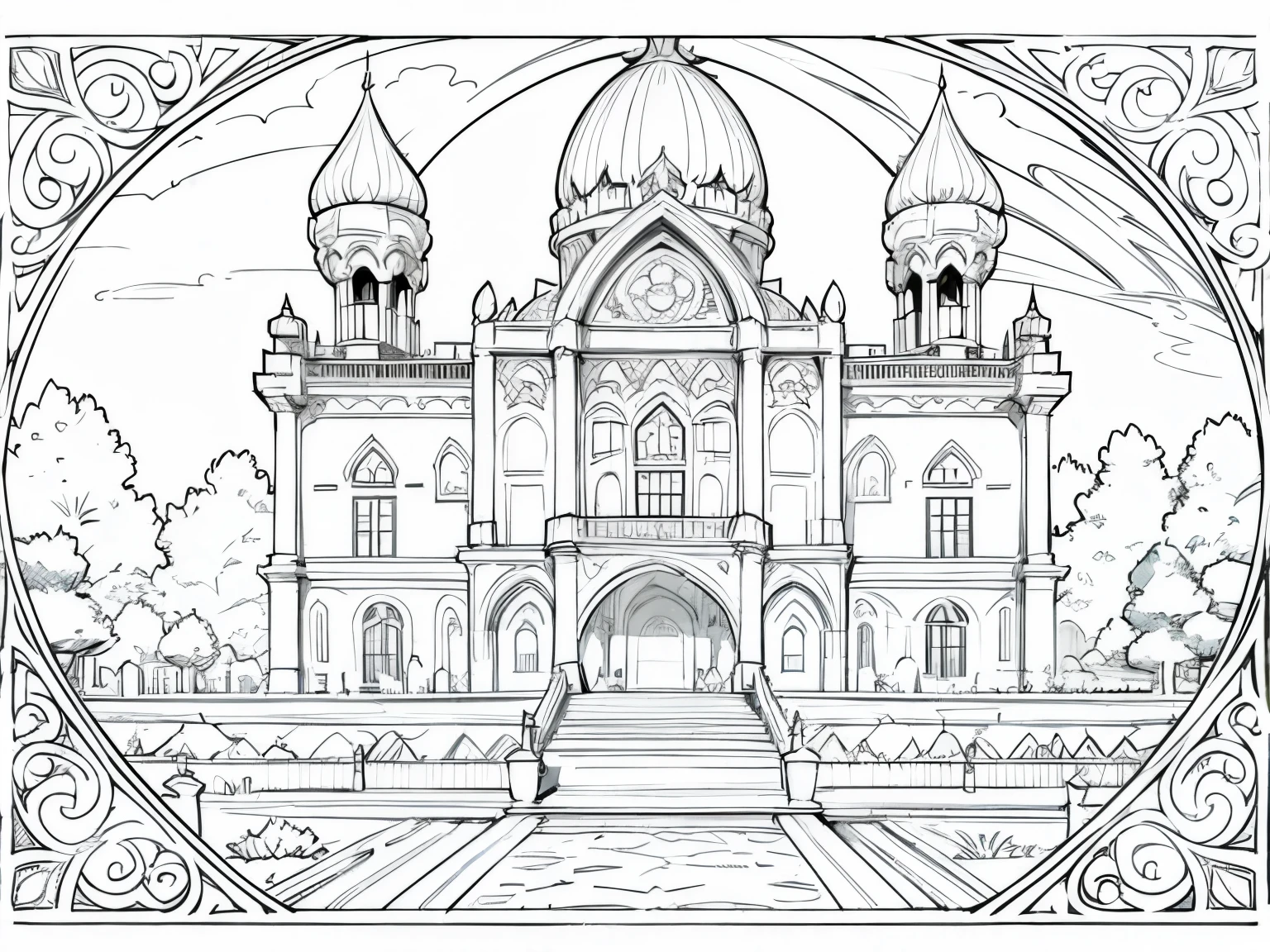 Please generate only the outline or stroke of this drawing so that I can use it in a coloring book: A great palace with immense royal gardens
