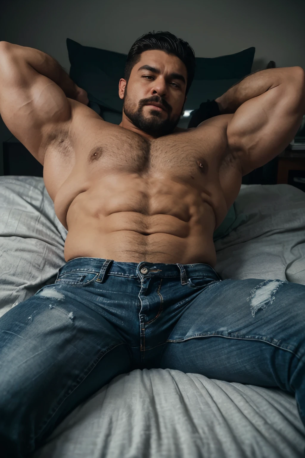 hulk photography, light cinematic heavyweight bodybuilder, 75 kg of complete muscle,  Bigote grueso y trozo chino barbudo, hombres muy guapo. perfect body proportion,, hypermuscular nalgon, detailed, realista,  black gray  jeans, backside, trasero . lying in bed  jeans down with cap