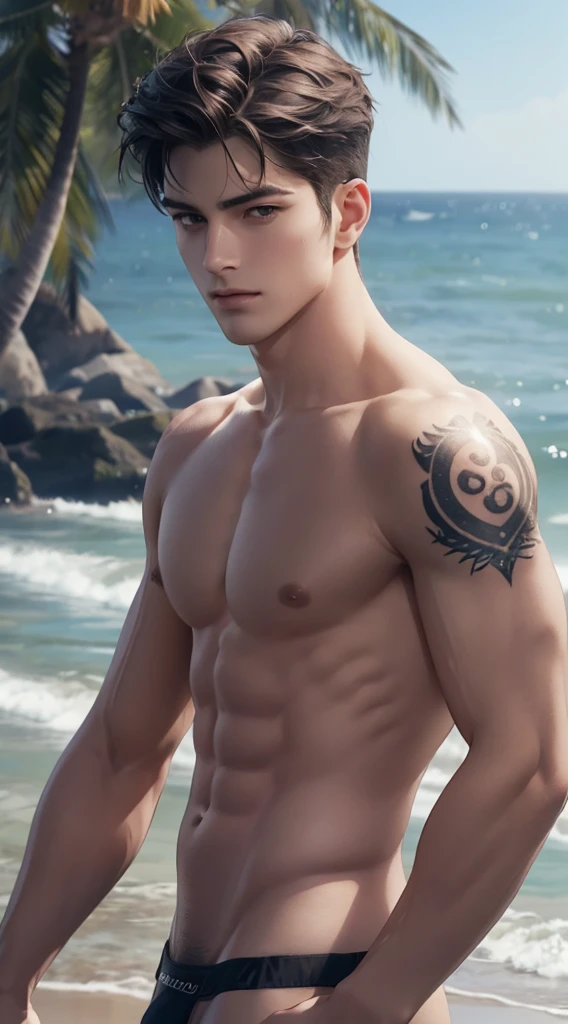 Half body photorealistic 4k, high resolution, best quality, masterpiece, perfect color, perfect shade, perfect lighting, Posted by e621, ((portrait)), ((handsome man)), perfect male figure, Short hair details，Naked torso，wearing an underwear brief. Super bulge.. Detailed face, perfect face, (stood up), Detailed background, ((Bonifasco Lighting)), (delicate eyes),，，tattoo，((seashore))，emaciated