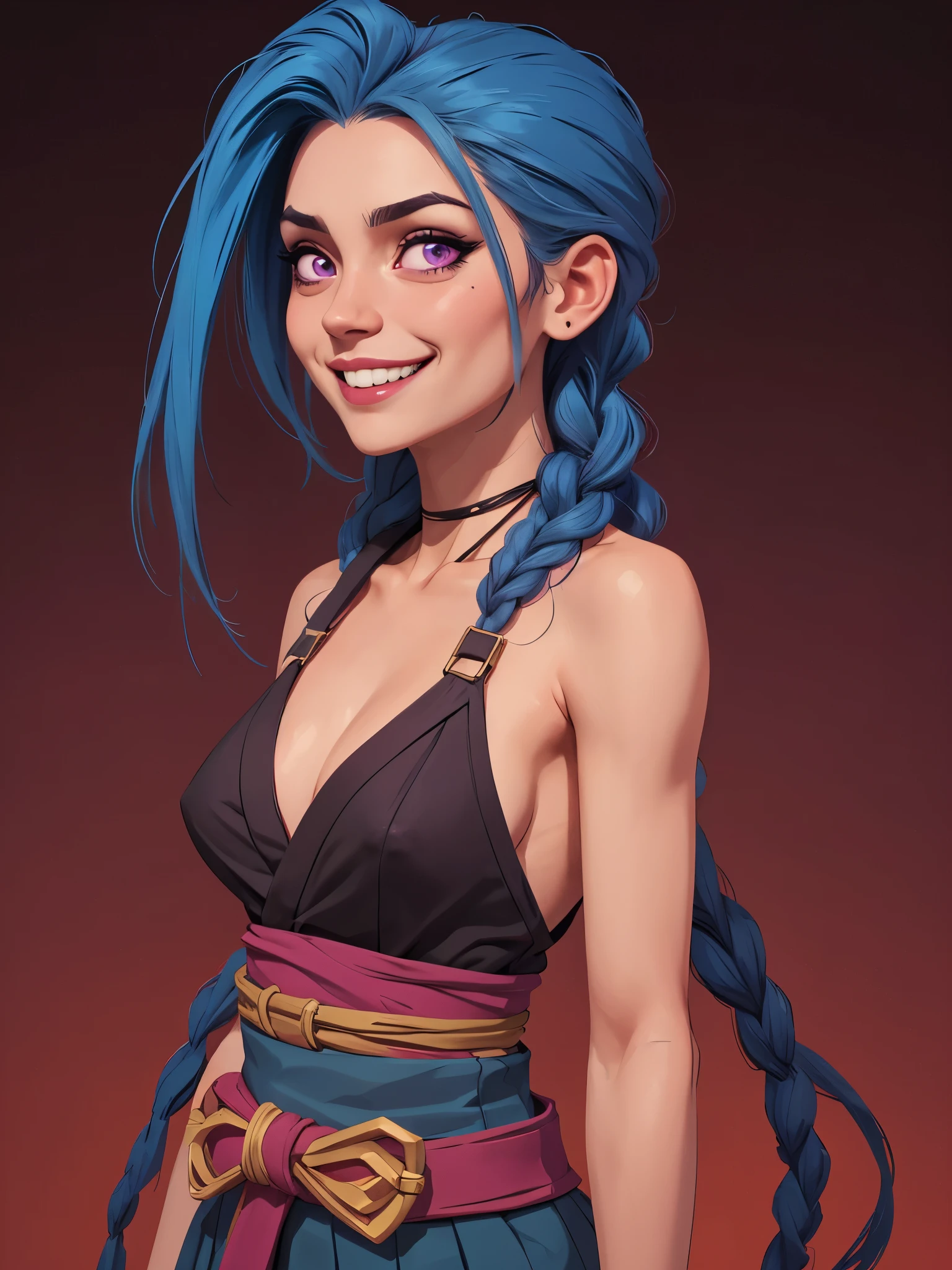 one white girl, jinx, jinx from arcane, solo, abs, slender body, (upper body, bust:1.2), purple eyes, long braid, blue hair, choker, grey skin, (japanese clothes, tiny breasts, small breasts, male chest, cleavage:1.5), bare shoulders, belts, shoulder-belts, masterpiece, highly detailed, look at viewer, expressing joy, shiny blured orange background, gradient sprayed background, smile, happy face, naughty grin, front view, gradient red purple background, blured background, glowing edges of image