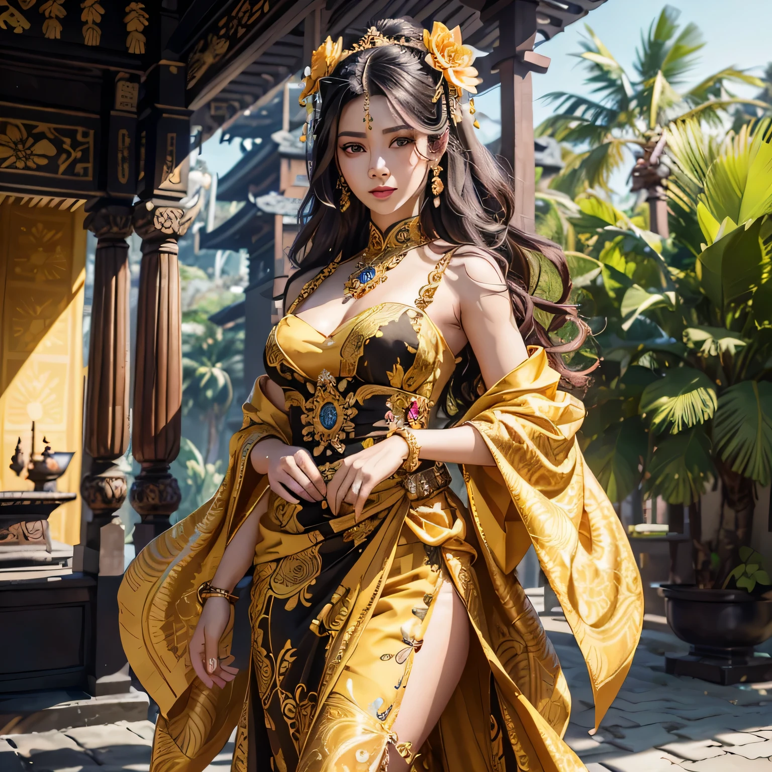 araffe woman with small breast in a yellow and black dress with a flower in her hair, traditional beauty, wearing an ornate outfit, wearing balinese ornate clothing, ornate , intricate outfit, beautiful oriental woman, beautiful balinese costume, traditional makeup, ornate attire, bali, 8k)), gorgeous woman, a beautiful fantasy empress, with beautiful exotic, ((a beautiful fantasy empress)), ornate dress, araffe woman in a yellow and black dress with a flower in her hair, traditional beauty, wearing an balinese ornate outfit, wearing balinese ornate clothing, ornate , intricate outfit, beautiful oriental woman, beautiful costume, traditional makeup, ornate attire, bali, 8k)), gorgeous woman, a beautiful fantasy empress, with beautiful exotic, ((a beautiful fantasy empress)), ornate dress masterpiece, best quality:1.2),,(8k,highres,RAW photo,realistic,photo-realistic:1.3),(detailed skin texture,detailed cloth texture,beautiful detailed face:1.25),professional lighting,photon mapping,beautiful soft light,radiosity,physically-based rendering,raytracing, model shoot style, model shoot style, (extremely detailed CG unity 8k wallpaper), (((fullbody))), photo of the most beautiful artwork in the world, balinese temple on background,