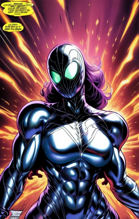 femme fatale, 60s,with shiny elegant outfit,elegant outfit,((liquid metal skin)),((nickel eyes,)),liquid metal hair,like a statue made of nickel,((style bill mantlo ART)),rosto feminino fatal,Venom 90's comic book style muscles,garota musculosa