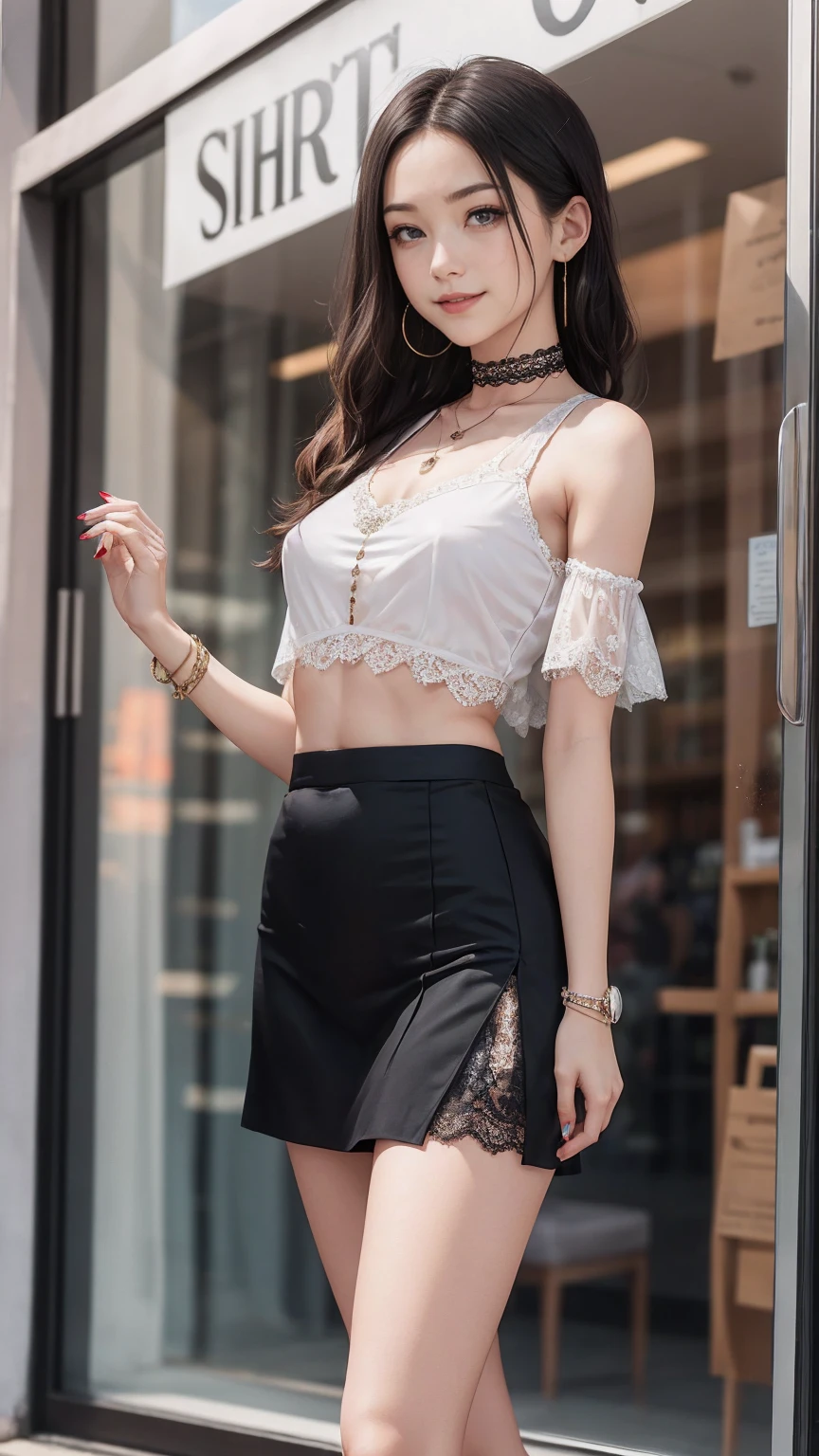 8k, masterpiece, RAW Photos, highest quality, Realistic, Highly detailed CG Unity 8k wallpaper, Depth of written boundary, Cinematic Light, Lens flare, Ray Tracing, (Very beautiful face, Beautiful Lips, Beautiful Eyes), Exquisitely detailed face, ((Highly detailed skin)) One girl, In the Dark, Deep Shadow, Cute Korean Girl, K-Pop Idols,(Very slim slender fit-muscled body:1.3), ((View your viewers)),(Big smile:1.3), (night, (Neon Signs), (Blurred Background), midnight, (No people in the background:1.3), Cute Korean Girl, White Diamond Earrings, bracelet, necklace, Clear Eyes, walking , Front shot, (Pale skin), Look forward, (Big eyes), Full Body Shot, ((See-through blouse)), (Hot pink blouse)), ((Lace skirt)), (View your viewers:1.3), Very slim, Medium chest, Hermes Bags, Tight mini skirt, Updo, short hair, Medium Butt