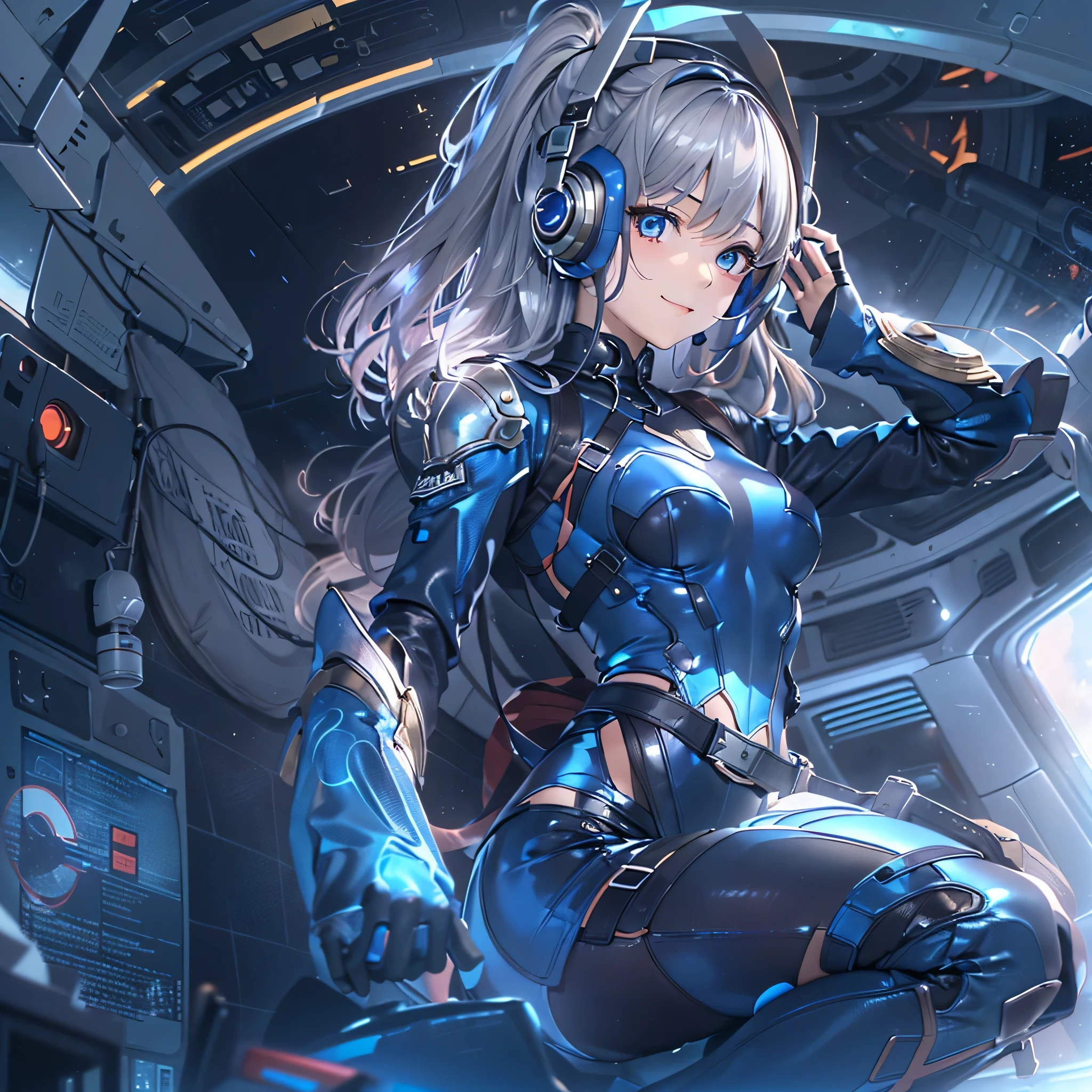 (masterpiece、highest quality、highest resolution、clear_image、detailed details、Angle from above): (full body figure、One 20 year old girl、Japanese faces、small face、Slender、Navy blue super short bob cut hair、(hidden small breasts:1.3)、sparkling blue eyes、Shiny pilot suit in blue and black colors、armor that protects the chest、tight fitting clothes、clothes that cover the whole body、shiny clothes、tight fit pants、hide the skin、very delicate and beautiful、detailed skin、hide thighs、Hide your ass、cute type、gentle smile、soft expression、heroine、headset、Knee-high boots、gloves up to the elbow、eye level shot、facing directly、woman on a spaceship)
