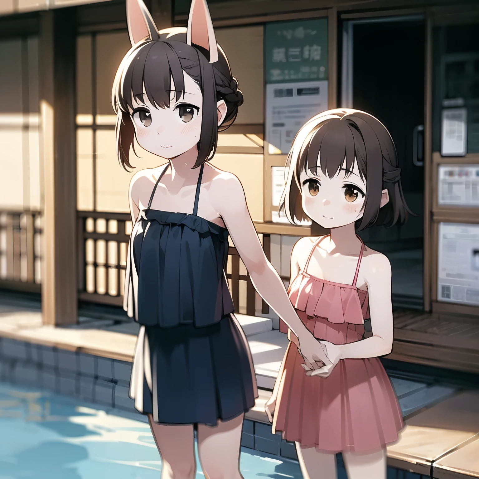 (One Japan Girl)、masterpiece, 最high quality, high quality, High precision,Highly detailed 8K wallpaper、Innocent、minimum、(Family Date)、(pool、poolサイド)、(swimsuit、get wet)、A fun double date、cutedaughterたち、school swimsuit、ピンクのswimsuit、bikini、Paleo skirt、float ring、Mojimoji、(embarrassing smile)、My arm is grabbed、Dressing room、defenseless、cuteイカ腹、Innocence、Innocence、cute顔、cute、heart、thin chest、Tsurupeta、cute顔、No correction、、Slender、Before menarche、（girl、小daughter、delicate、fox ears、fox tail、brown hair、Braid、slimming、beautiful belly、cute）、（short girl、daughter、younger sister）、From in front of the camera、look up