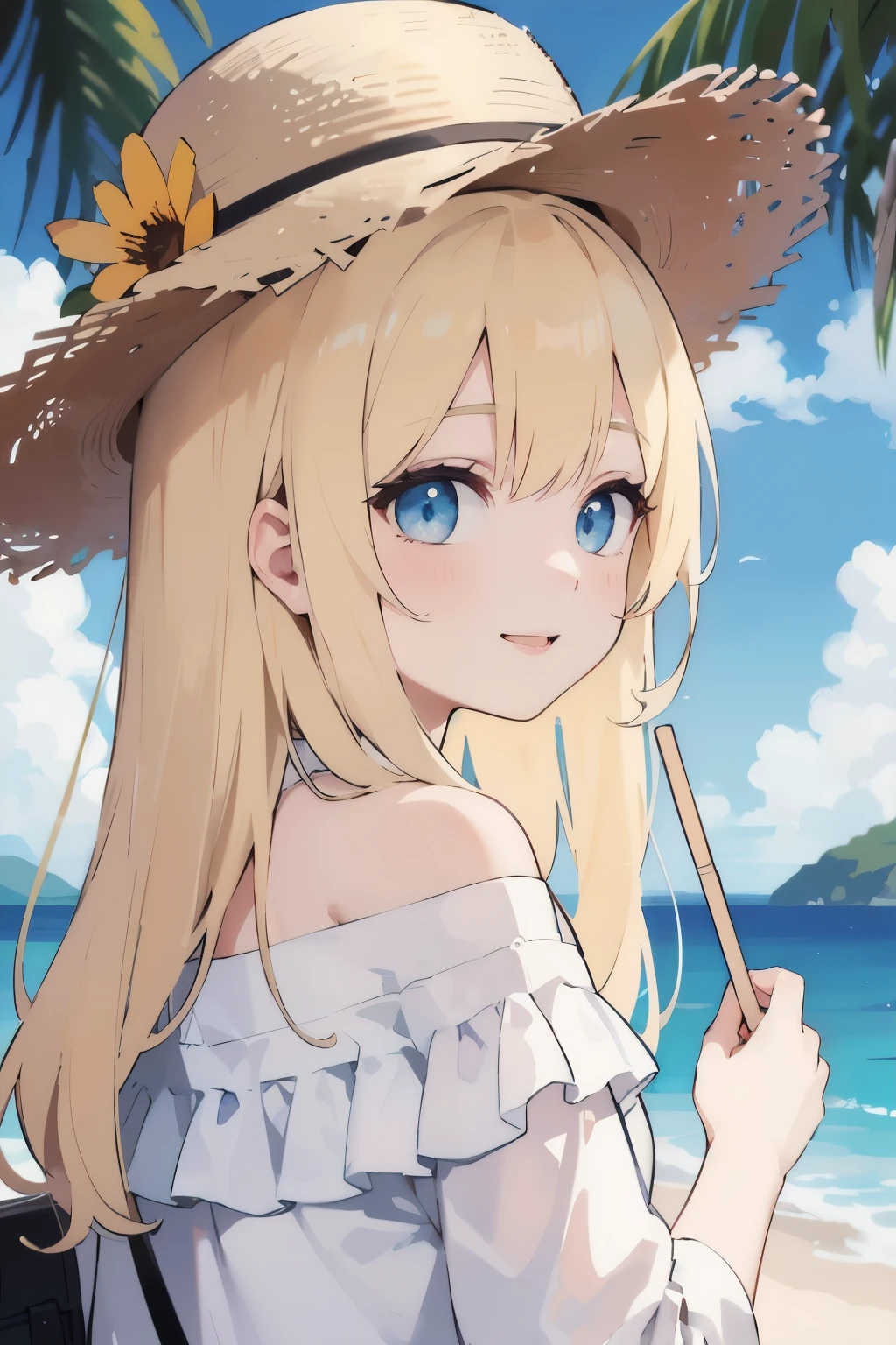 (电影Ocean报:1.2), soft light, (dramatic angle:1.25),(alone:1.4), (1 girl),((blonde hair), Long curly hair), blue eyes, (Smile),Ocean滩 straw hat, (off shoulder shirt), Hat Flower ,(look to the side:1.3), fantastic colorful, Ocean ,coconut tree, Blue sky and white clouds,(Ocean滩:1.3) ,(masterpiece:1.2),Super detailed,(best quality), illustration, (depth of field),