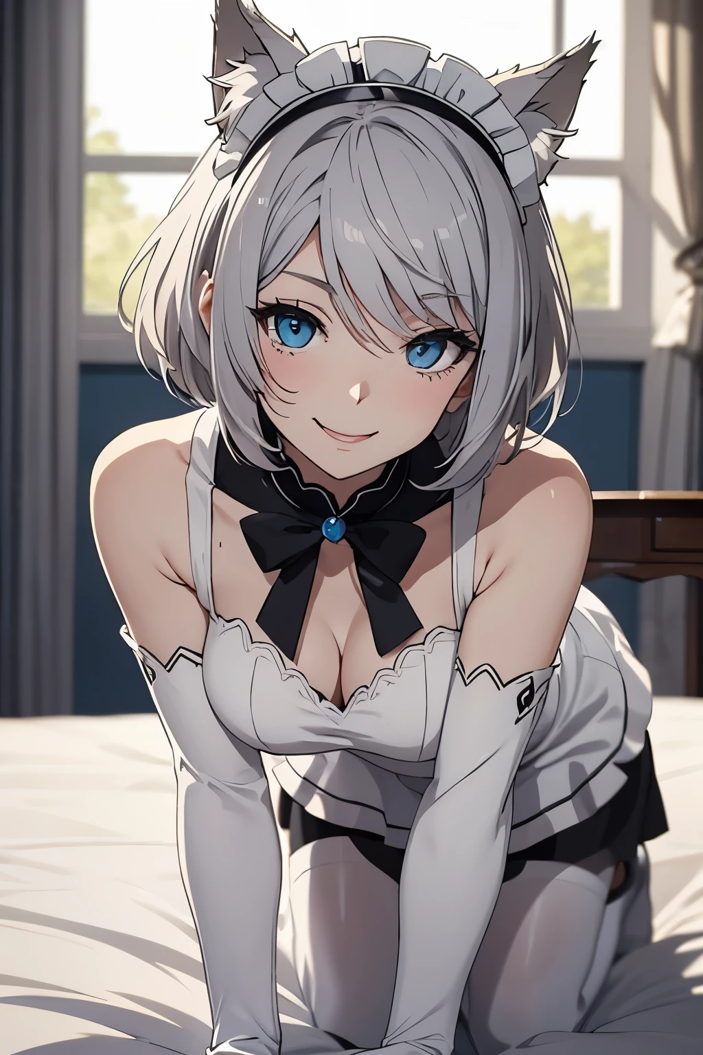 table top　 best image quality　wonderful　high detail　One Young Woman（（adult））anime style　White maid outfit（sleeveless）　white long gloves（elbow gloves）　white pantyhose　wolf ears　short hair（（shortcut）（gray hair）（curly hair）（fluffy））　smile（Happy）　eye color is blue　on the bed　crawl on all fours