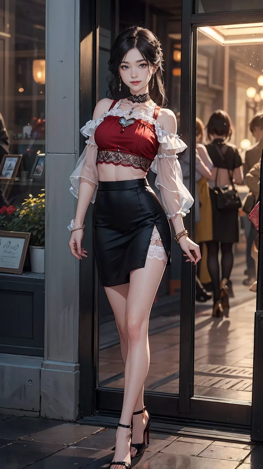 ((最high quality, 8K, masterpiece: 1.3, Ultra HD, high quality, 最high quality, High resolution, realism)) 、25 year old white woman、brunette、blue eyes、long hair、straight hair、Tie up your hair、smile、Slender but well-proportioned muscular body、I don't want my head to disappear from the screen.、Wearing red nail polish、I have a peticure、Sheer tops((shoulder cutout tops))I'm wearing、My abs are cracked、ヘソがI can see it、mini length((flare skirt))((see through))wearing a skirt、wearing high heels、((violently))I'm punching my chest、smile、((made of lace))I'm wearing a choker with a pendant top、I'm wearing earrings、Wearing accessories on your wrist、I'm in front of a high-end brand's show window、wearing high heels、nipple((Transparent))I can see it