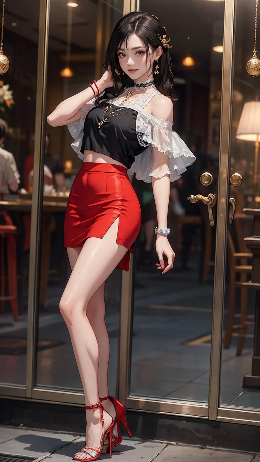 masterpiece、 highest quality、 high detail、 anime style、 small breasts、 slim figure、 sexy、 cute、 front、 whole body、 Standing picture、 blonde、 loose perm、 bob、 red eyes、 sparkling eyes、 red cheongsam、 black pantyhose、 red pumps、 bewitching smile、 background(oriental、cityscape)、