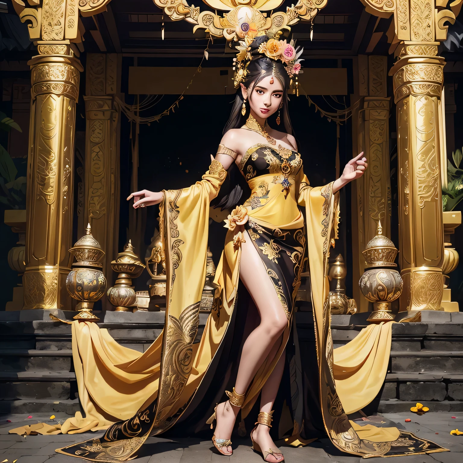 araffe woman with small breast in a yellow and black dress with a flower in her hair, traditional beauty, wearing an ornate outfit, wearing balinese ornate clothing, ornate , intricate outfit, beautiful oriental woman, beautiful balinese costume, traditional makeup, ornate attire, bali, 8k)), gorgeous woman, a beautiful fantasy empress, with beautiful exotic, ((a beautiful fantasy empress)), ornate dress, araffe woman in a yellow and black dress with a flower in her hair, traditional beauty, wearing an balinese ornate outfit, wearing balinese ornate clothing, ornate , intricate outfit, beautiful oriental woman, beautiful costume, traditional makeup, ornate attire, bali, 8k)), gorgeous woman, a beautiful fantasy empress, with beautiful exotic, ((a beautiful fantasy empress)), ornate dress masterpiece, best quality:1.2),,(8k,highres,RAW photo,realistic,photo-realistic:1.3),(detailed skin texture,detailed cloth texture,beautiful detailed face:1.25),professional lighting,photon mapping,beautiful soft light,radiosity,physically-based rendering,raytracing, model shoot style, model shoot style, (extremely detailed CG unity 8k wallpaper), (((fullbody))), photo of the most beautiful artwork in the world, balinese temple on background,