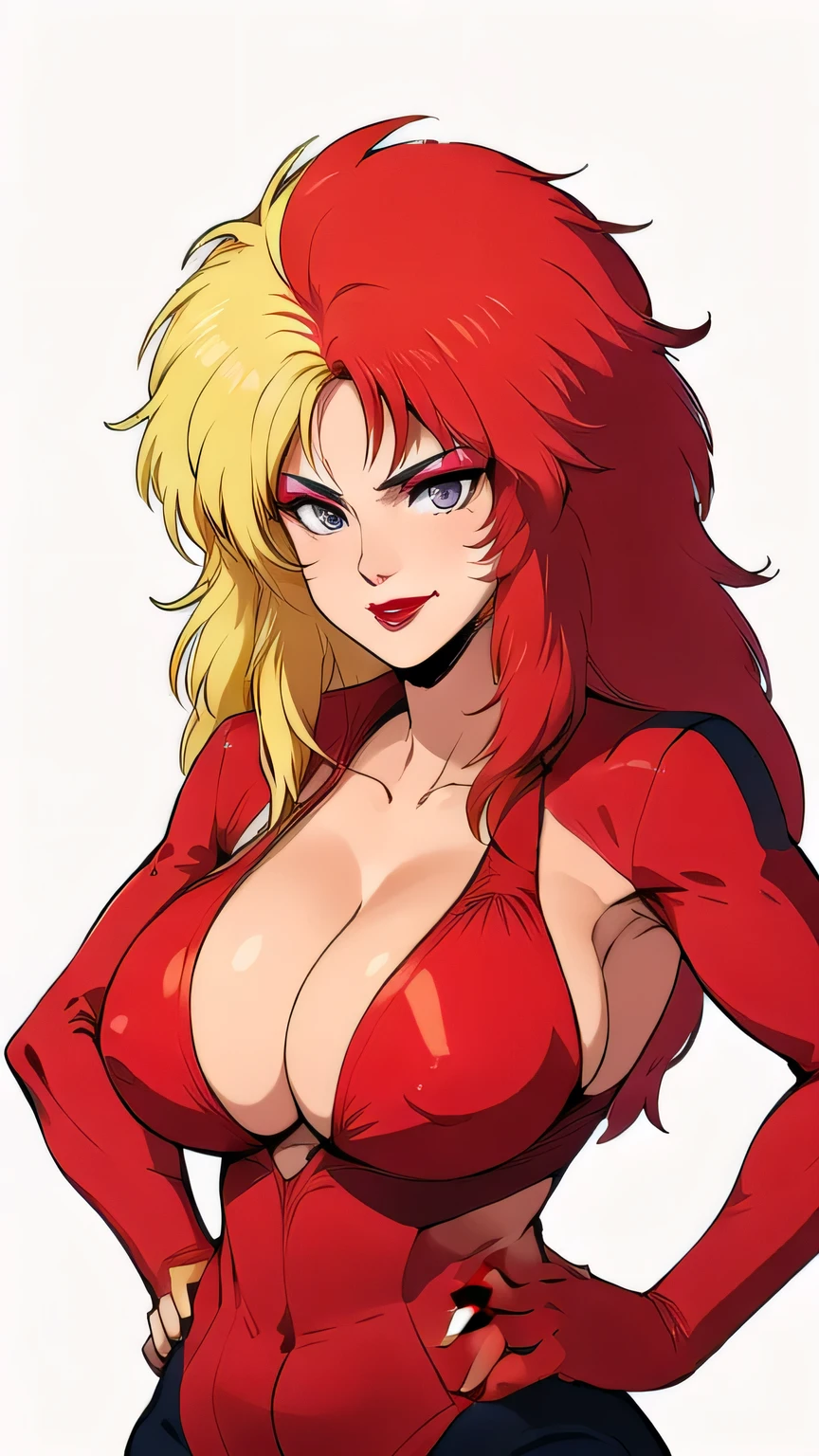 masterpiece,high quality,(white background:1.5),
solo,smile,looking at viewer,
chara_soon,1woman,
long hair,multicolored hair,two-tone hair,split-color hair,blonde hair,red hair,grey eyes,makeup,lipstick,cleavage,breasts, bralette, nipple peek, tight pants
face focus,upper body , athletic, fit body , hands on hips