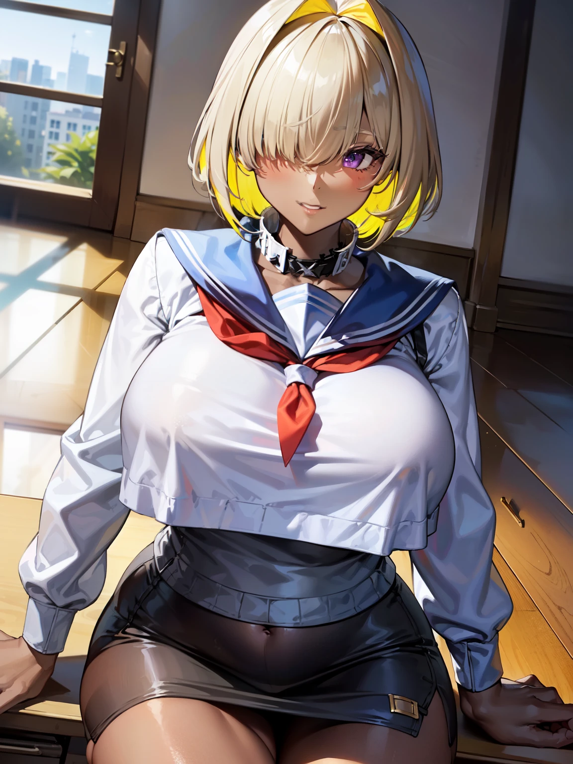 masterpiece, best quality, extremely detailed, 1girl, milf, solo, (dark skin, dark brown skin:1.8), elegg, (huge breasts), ((((hair intakes, multicolored hair), short hair, bangs, hair over one eyes, purple eyes))), parted lips, (((seifuku, blue sailor collar, long sleeves, long blue skirt))), ((light smile), closed mouth), ((school, indoor)) 