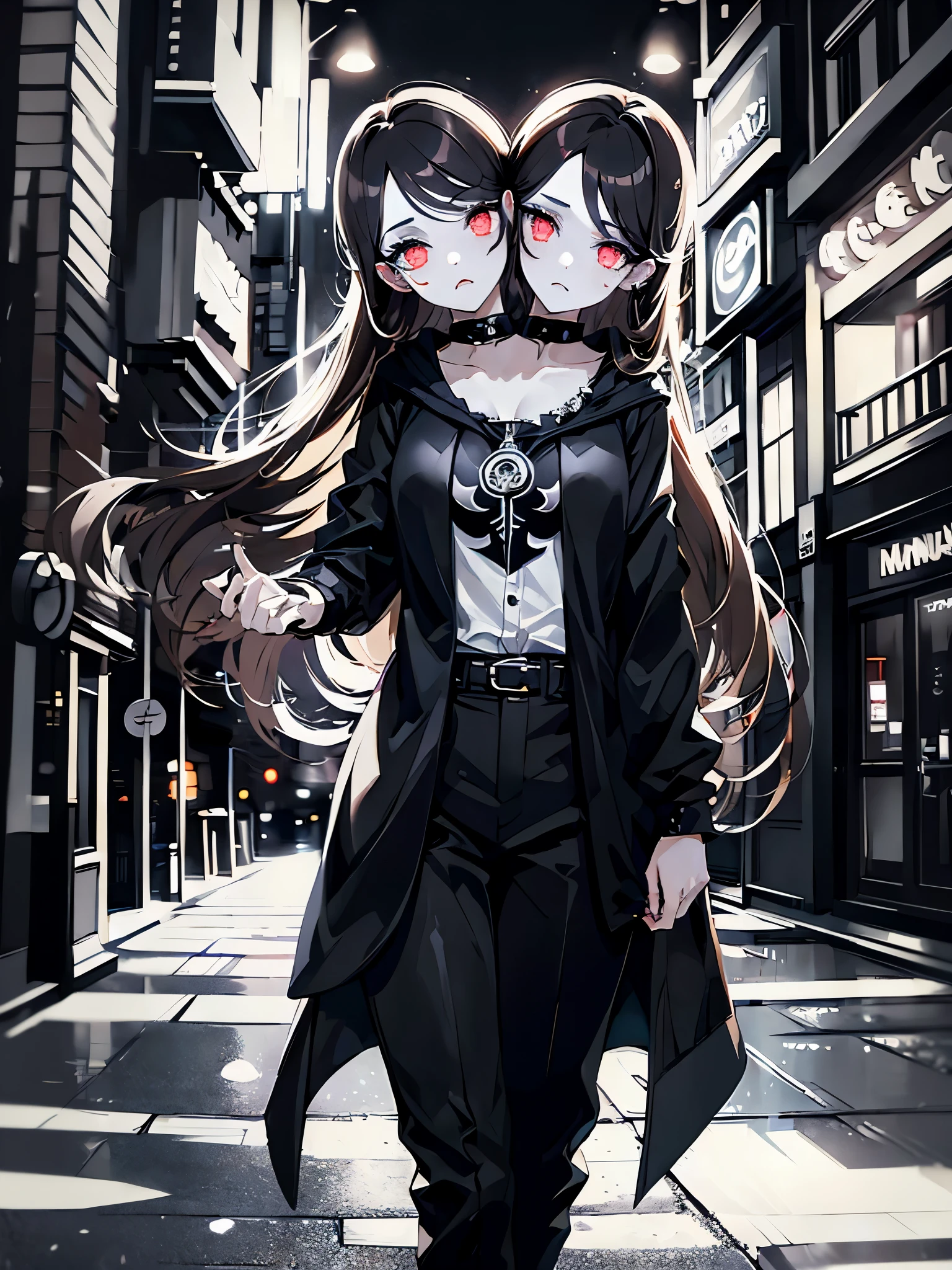 (masterpiece, best quality), best resolution, (2heads:1.5), 1girl, brown hair, white face paint, black metal makeup, eerie, menacing, black jacket, white shirt, black long pants, city alley at night, crow motif