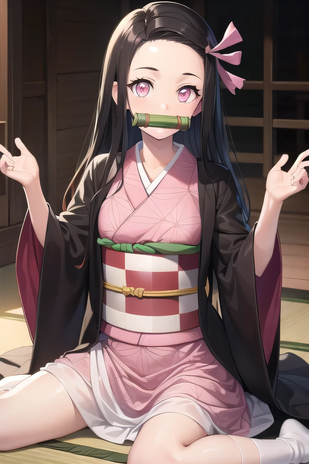 Nezukokamado, Nezuko Kamado, bamboo, (bit gag:1.5), black hair, (amount:1.5), gag, gagged, hair ribbon, long hair, colorful hair, (pink eyes:1.5), orange hair, slit pupil, wavy hair, two tone hair,
break asa no ha (pattern), checkered sash, Haori, kimono, kimono, long sleeve, heart, pink kimono, sash, Wariza, wide sleeve,
break looking at viewer,
break indoors,
break (masterpiece:1.2), highest quality, High resolution, unity 8k wallpaper, (figure:0.8), (detailed and beautiful eyes:1.6), highly detailed face, perfect lighting, Very detailed CG, (perfect hands, perfect anatomy),