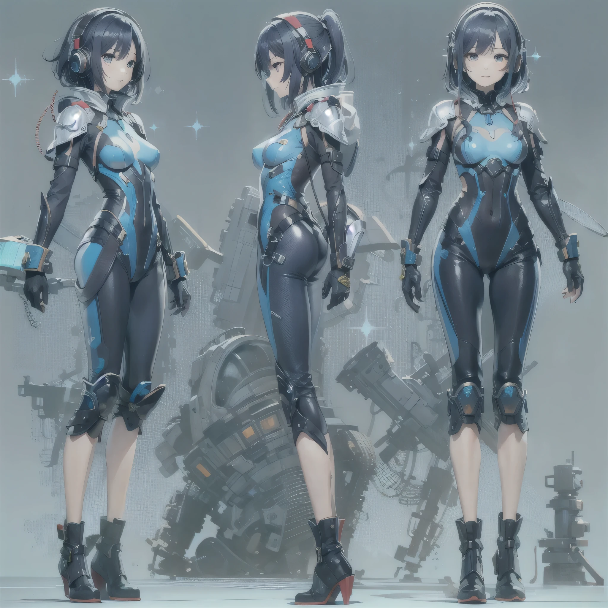 (masterpiece、highest quality、highest resolution、clear_image、detailed details、Angle from above): (full body figure、One 20 year old girl、Japanese faces、small face、Slender、Navy blue super short bob cut hair、(hidden small breasts:1.3)、sparkling blue eyes、Shiny pilot suit in blue and black colors、armor that protects the chest、tight fitting clothes、clothes that cover the whole body、shiny clothes、tight fit pants、hide the skin、very delicate and beautiful、detailed skin、hide thighs、Hide your ass、cute type、gentle smile、soft expression、heroine、headset、Knee-high boots、gloves up to the elbow、eye level shot、facing directly、woman on a spaceship)