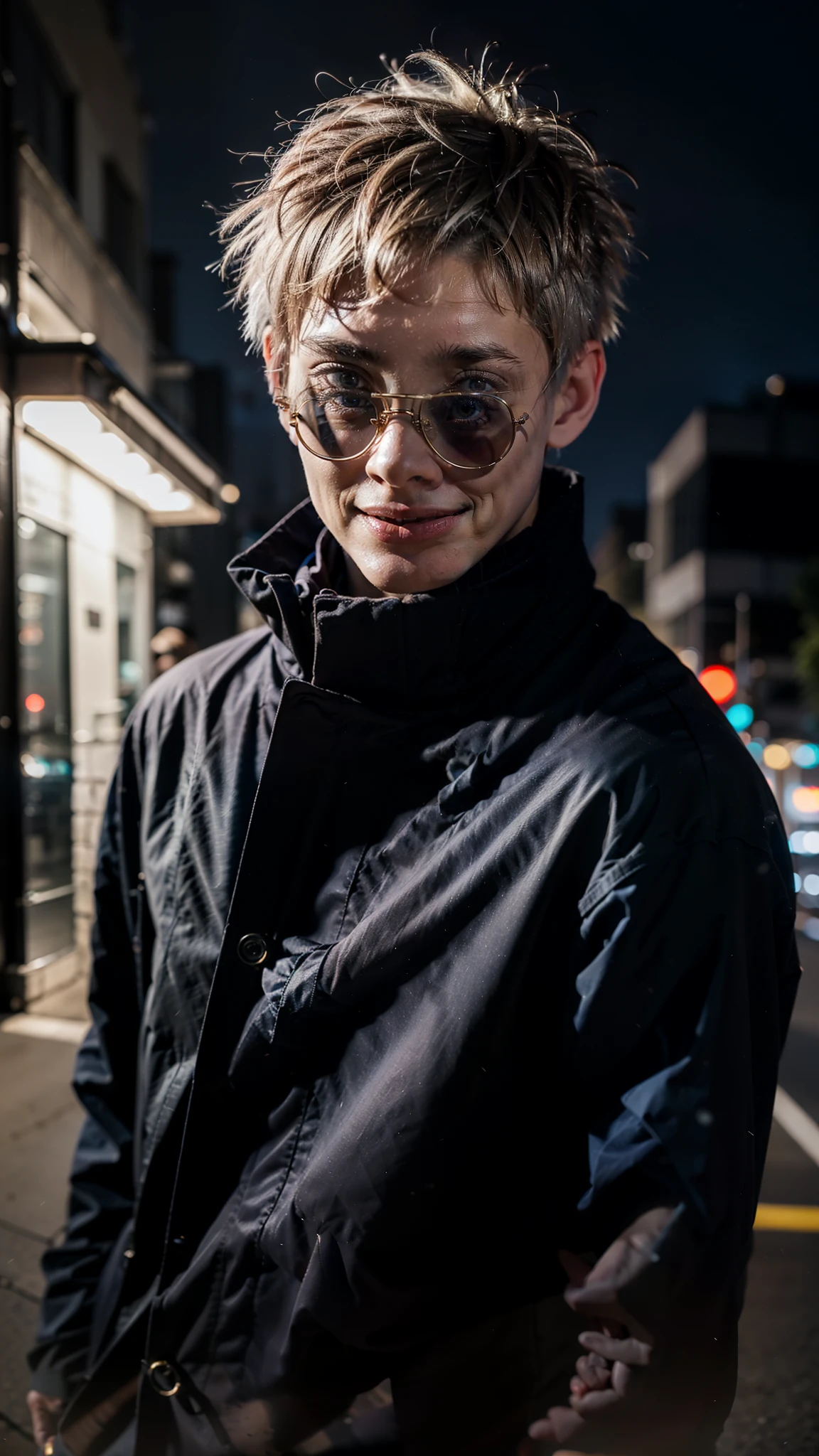 epic composition, city street, Japan, deserted street, the night, flashing in the background, Red and blue color, (masterpiece:1.2), male focus, 1boy, Gojo Satoru, round eyewear, sunglasses, hands in pocket, blindfold, black jacket, (Masterpiece:1.3), (Best Quality:1.2), 8K, absurdress, Unity 8K Wallpaper, (Extremely detailed:1.3), supreme, high resolution, amazing, illustration, beautiful studio soft light, stunningly beautiful, incredibly absurdres, vivid details, cinematic lighting, moody lighting, Pixiv, award-winning, professional, highly detailed, Gojo1, inform, looking at the viewer, smile, short hair, 1boy, standing, jacket, white colored hair, male focus, spiked hair, facing viewer, (red background:1.1), high collar, blindfold, (Magic:1.3), (aura:1.3)