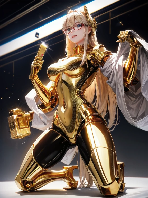 5 8K UHD、A mechanical beauty in a gold metallic body wearing glasses is kneeling、A golden metal robot with shiny skin