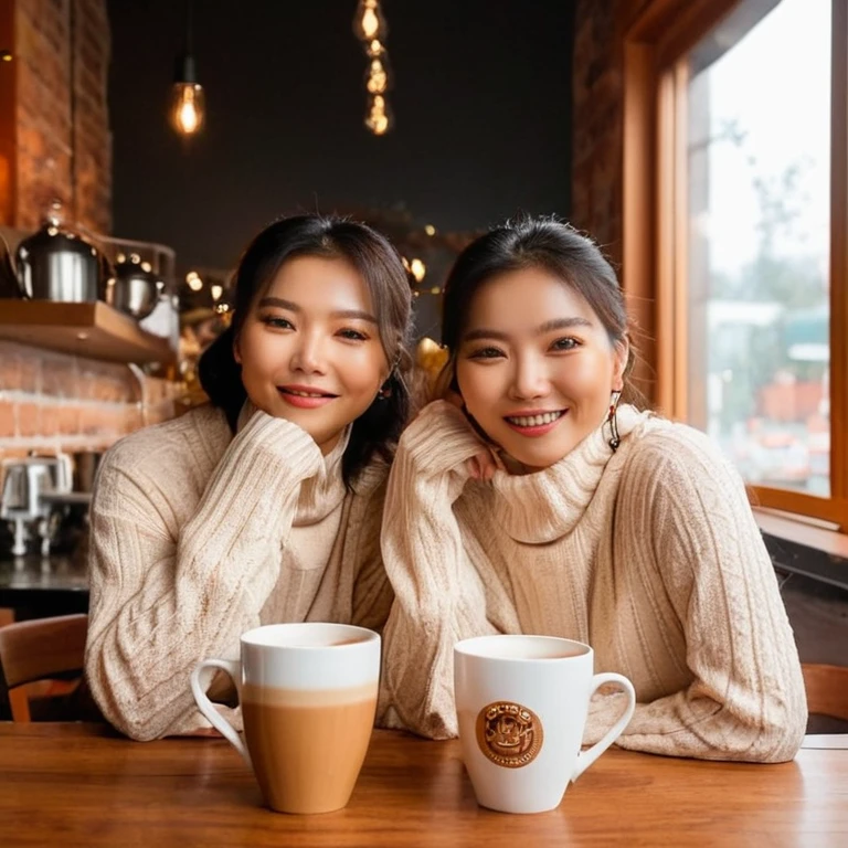 photo of sjang and her identical twin, beautiful lighting, cozy atmosphere, warm tones, stylish outfits, expressive gestures, natural poses, detailed facial features, bustling background, aromatic coffee, steaming cups, relaxed and joyful expressions