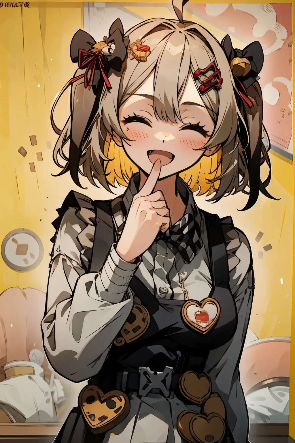 masutepiece, Best Quality, Highly detailed, restaurant, 1girl in, Solo, biscuit \(nikke\), Looking at Viewer, Open mouth,closed eye,A smile