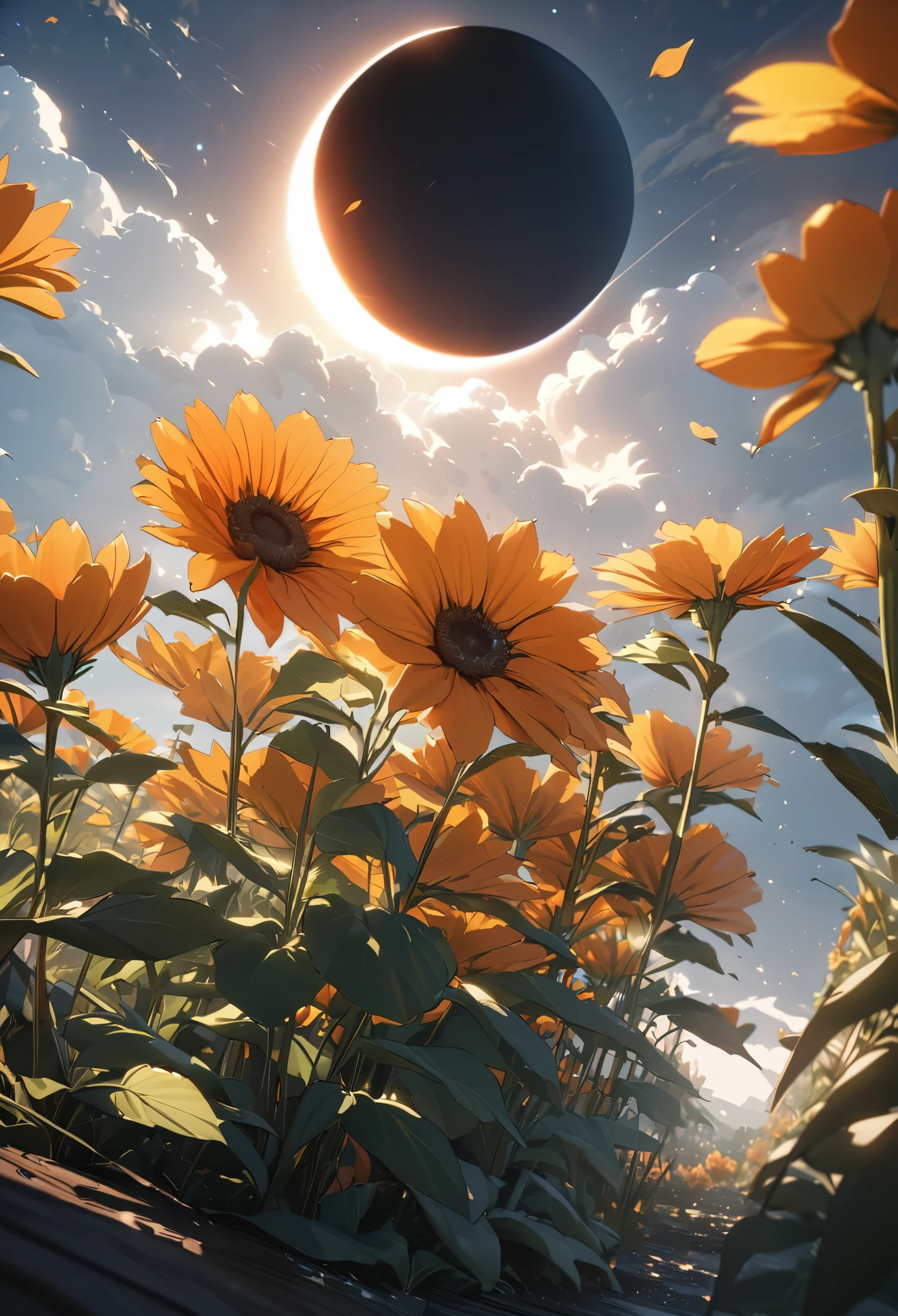 (absurdres, highres, ultra detailed), masterpiece, perfect resolution, great detail, super detailed, dark skies, absolute darkness, eclipse, eclipse sky, a  flower of glowing orange flowers, cinematic lighting, ray tracing, depth of field, cinematic lighting, ray tracing, UHD, high details, best quality, highres, high quality, award winning, super detail, masterpiece, 8k, UHD, high details, best quality, highres, high quality, award winning, super detail, masterpiece, 8k, digital art, anime coloring