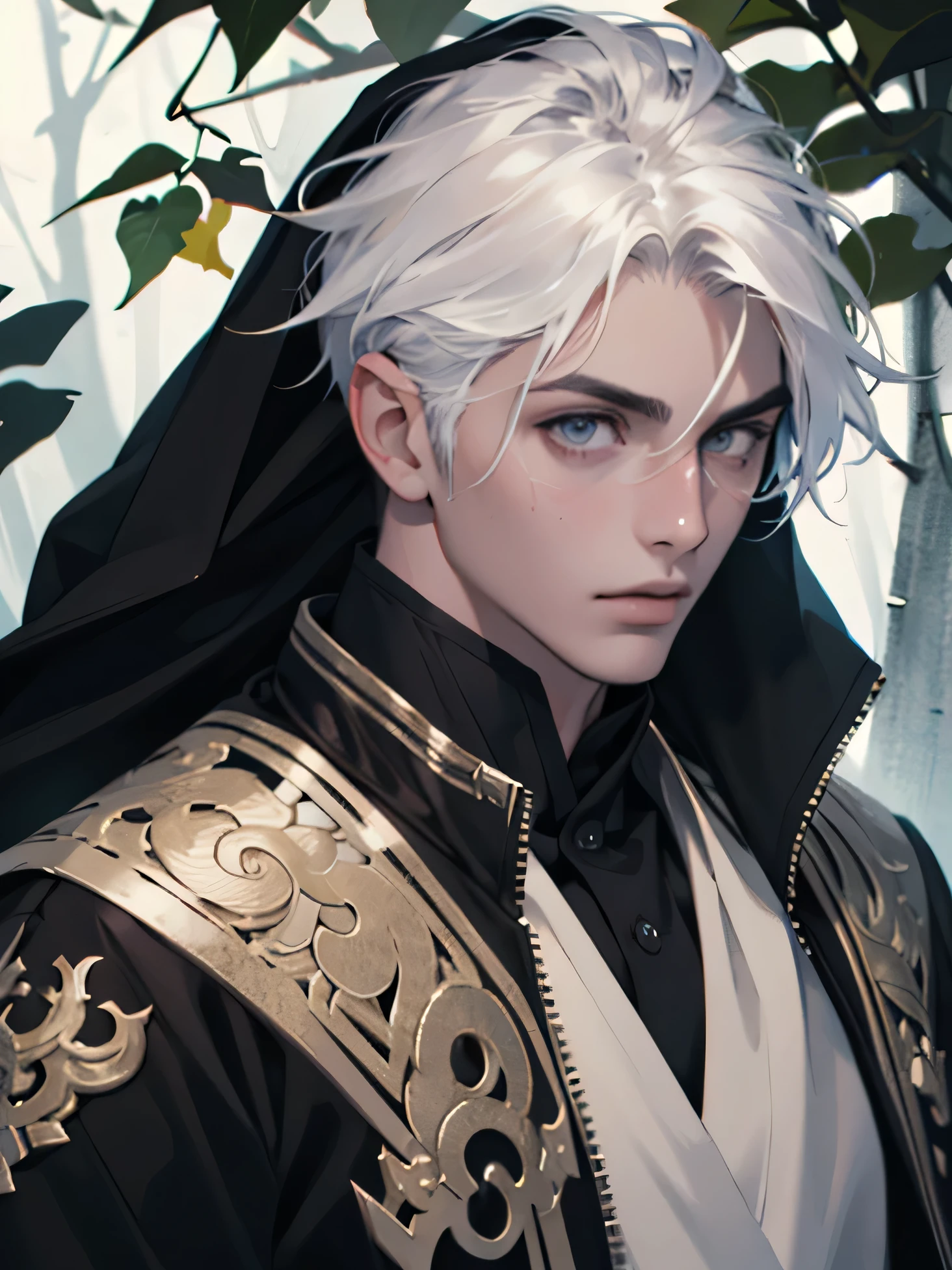 1boys, adult, white korean hair style, black eyes, wearing fantasy cloth with cloak, Forest, absurdres, high detailed eyes and face, high res, ultrasharp, 8K, masterpiece, photorealistic, High quality, 