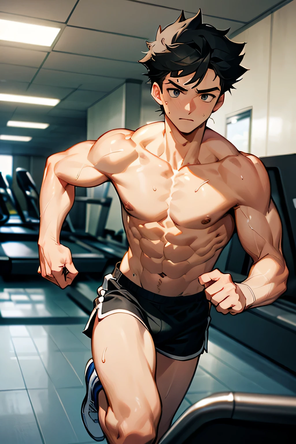 shirtless, super muscular, sweat-drenched body, 21-year old short black hair handsome caucasian male wearing white gym shorts, running in the treadmill, sweating in the gym