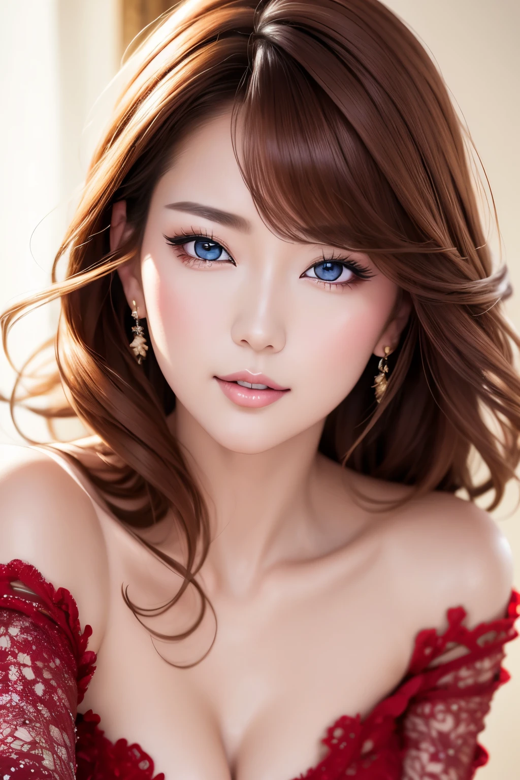 best quality, super fine, 16k, RAW photo, photorealistic, incredibly absurdres, extremely detailed, delicate, flashy and dynamic depiction, beautiful woman like Reiji Matsumoto draws, intelligent cool beauty, excited look, glossy light brown hair, beautiful bright sharp eyes, glossy red lips, wearing elegant lace cocktail dress, superlative body proportion, background simple portrait