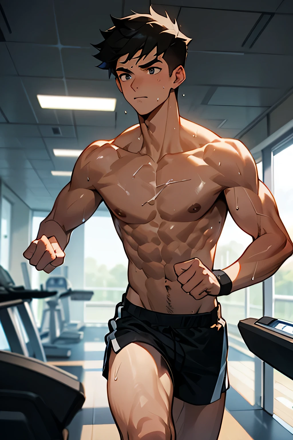 shirtless, super muscular, sweat-drenched body, 21-year old short black hair handsome caucasian male wearing white gym shorts, running in the treadmill, sweating in the gym
