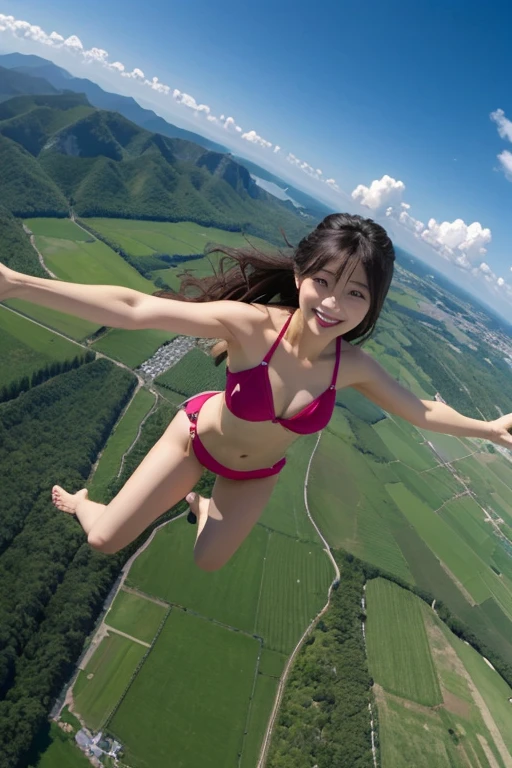 over the sky3000In the middle of skydiving at 1.5 meters、The surroundings are clear blue sky and clouds、She is a beautiful Japanese woman with medium-long bob hair and is very cute, and is having fun and spreading her arms and legs.、Sensual style、She is wearing a very sexy micro bikini swimsuit.、She is looking at the camera、The camera follows her from above.、not wearing glasses!