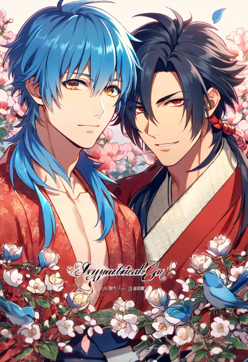 absurdres, highres, ultra detailed, HDR, masterpiece, Koujaku, dark navy hair that is short and a little chopped at the top, expressive red eyes, Dramatical Murder, Seragaki Aoba, blue hair, expressive golden eyes, 2men together, gay couple, handsome, red kimono, designed with decorations such as blue leaves, birds and blossoms, petals, garden