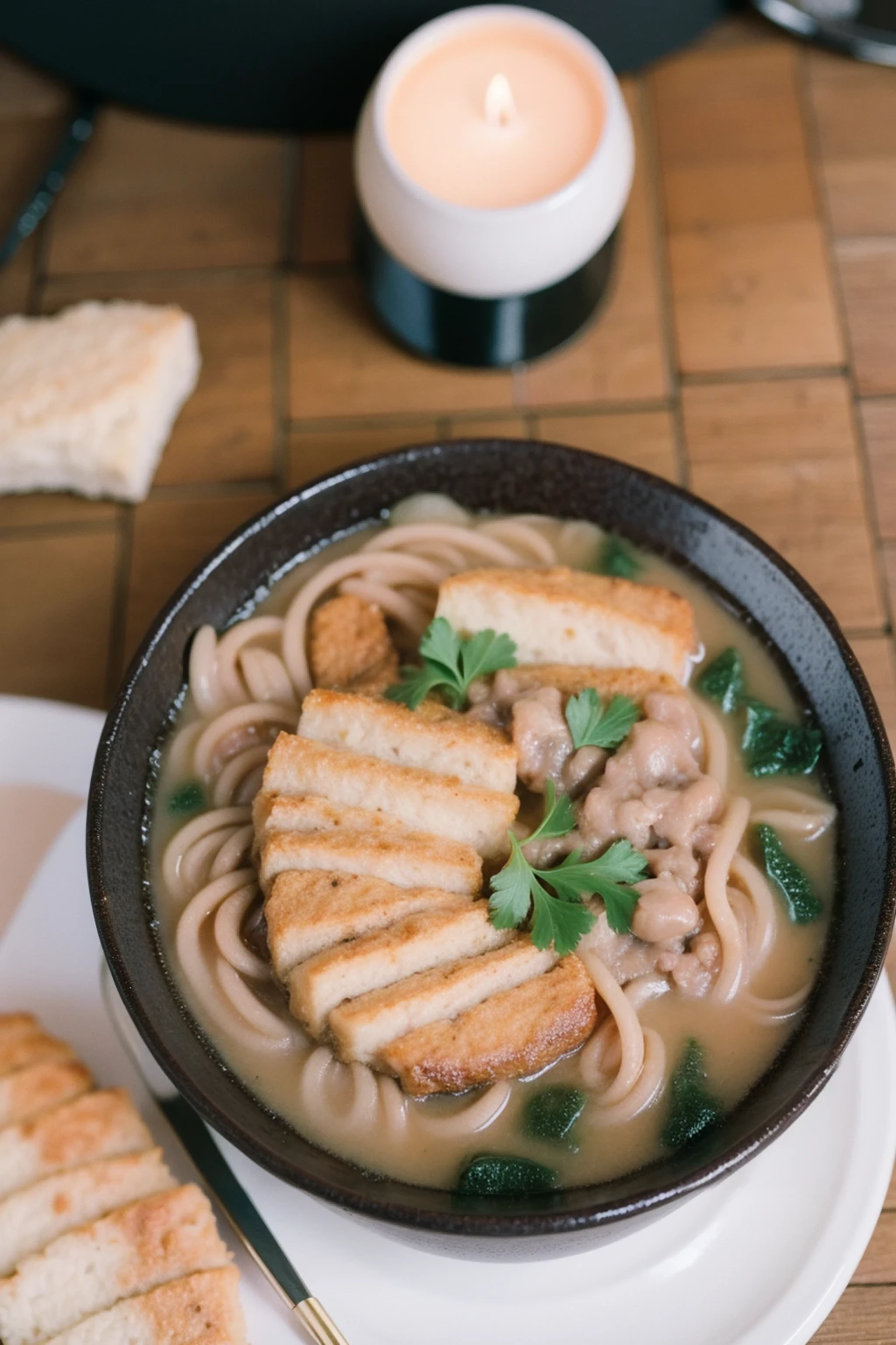 Photograph of a steaming bowl of ramen captured in a cozy (((from above))) symetrical, atmospheric setting, 35mm film, high resolution 1920x1080, Fujifilm GFX 50R, detailed food photography, warm lighting, cinematic composition