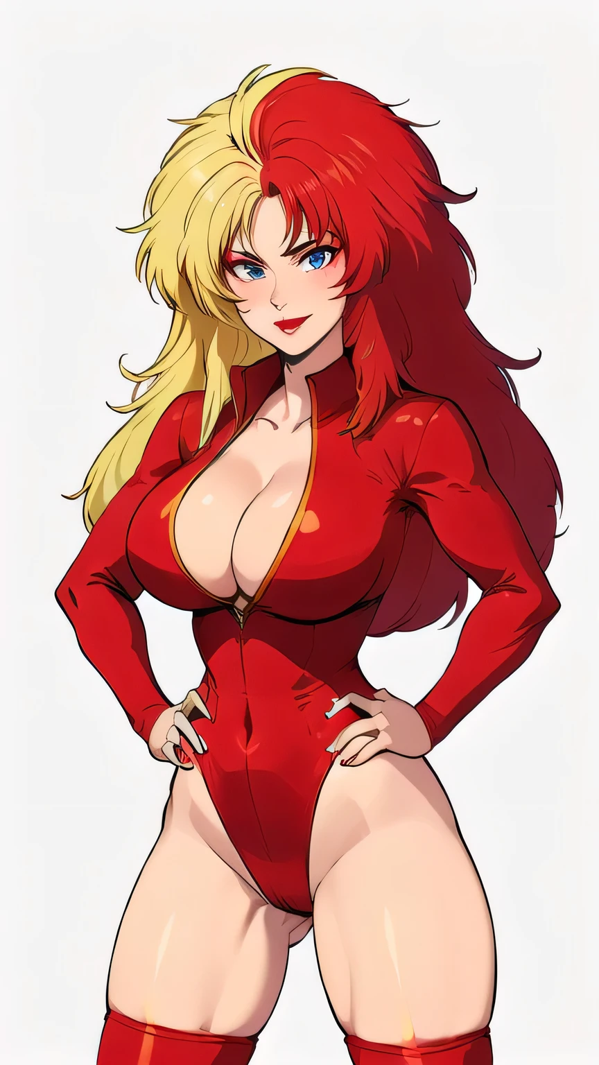 masterpiece,high quality,(white background:1.5),
solo,smile,looking at viewer,
chara_soon,1woman,
long hair,multicolored hair,two-tone hair,split-color hair,blonde hair,red hair,grey eyes,makeup,lipstick,cleavage,breasts, red leotard, high leg leotard , curvy hips , 
Detailed face, athletic, fit body , hands on hips 